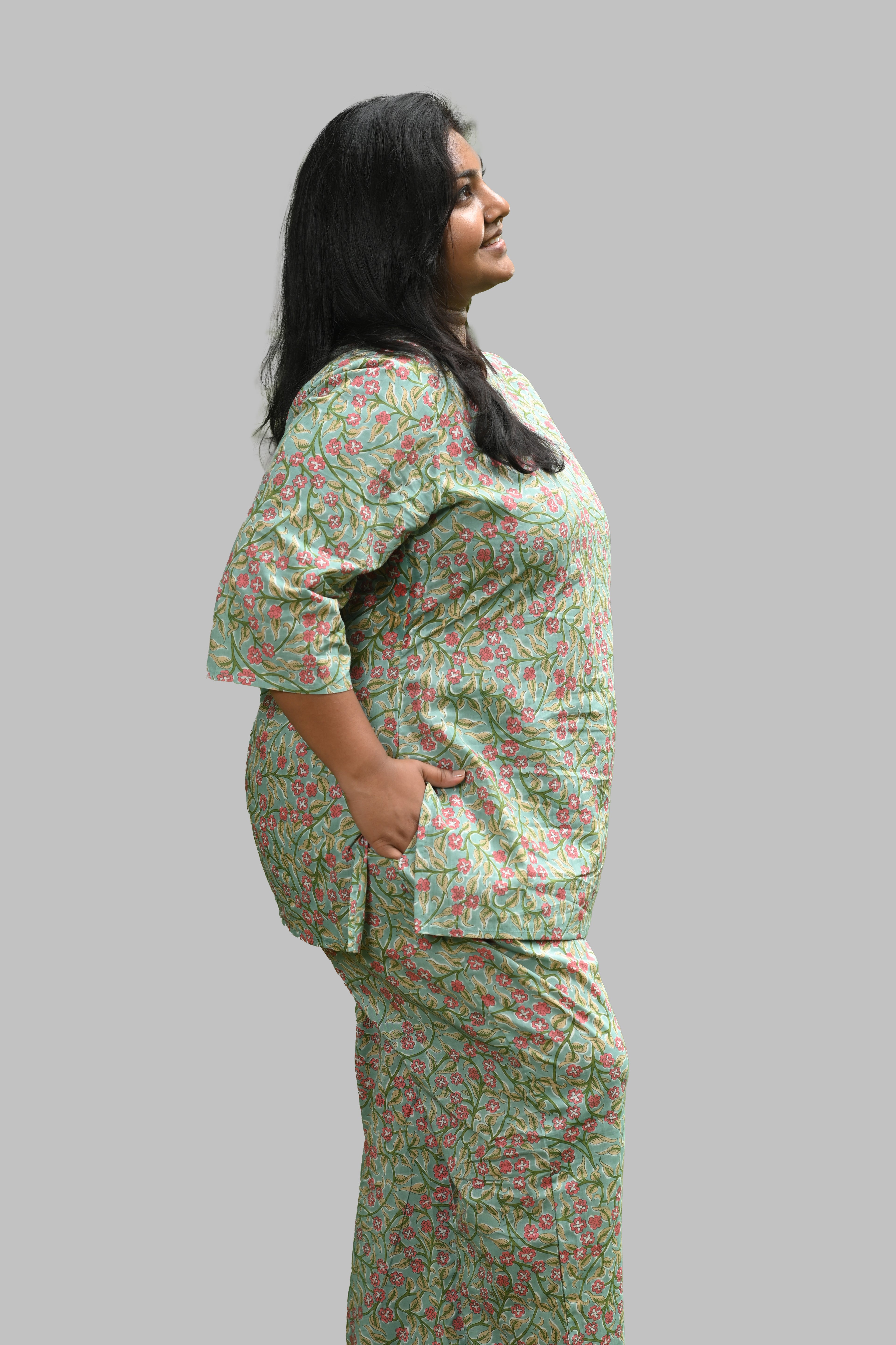 Mint Floral Plus Size Cotton Printed Pyjama Set