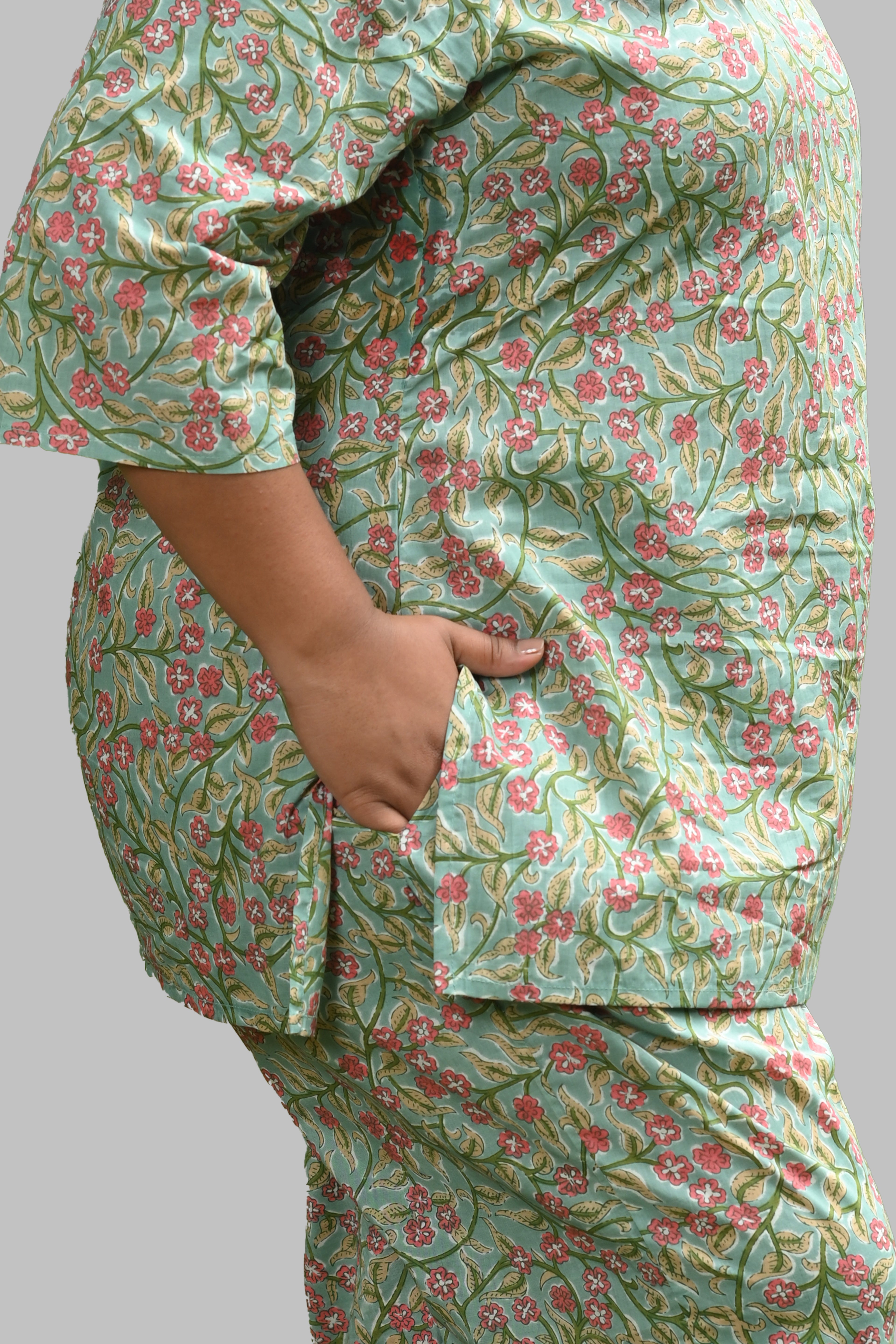 Mint Floral Plus Size Cotton Printed Pyjama Set
