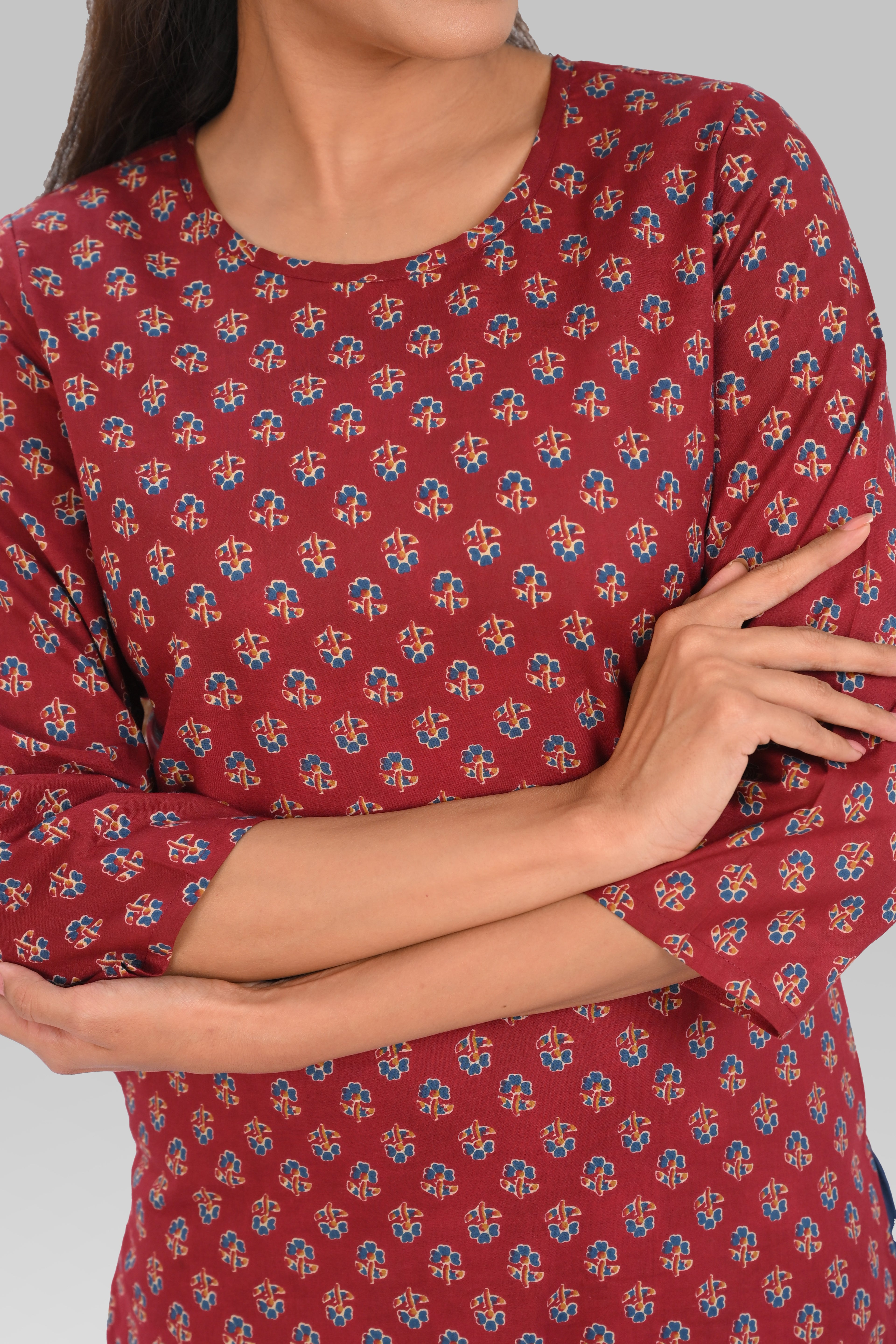 Maroon Cotton Printed Kurta Set