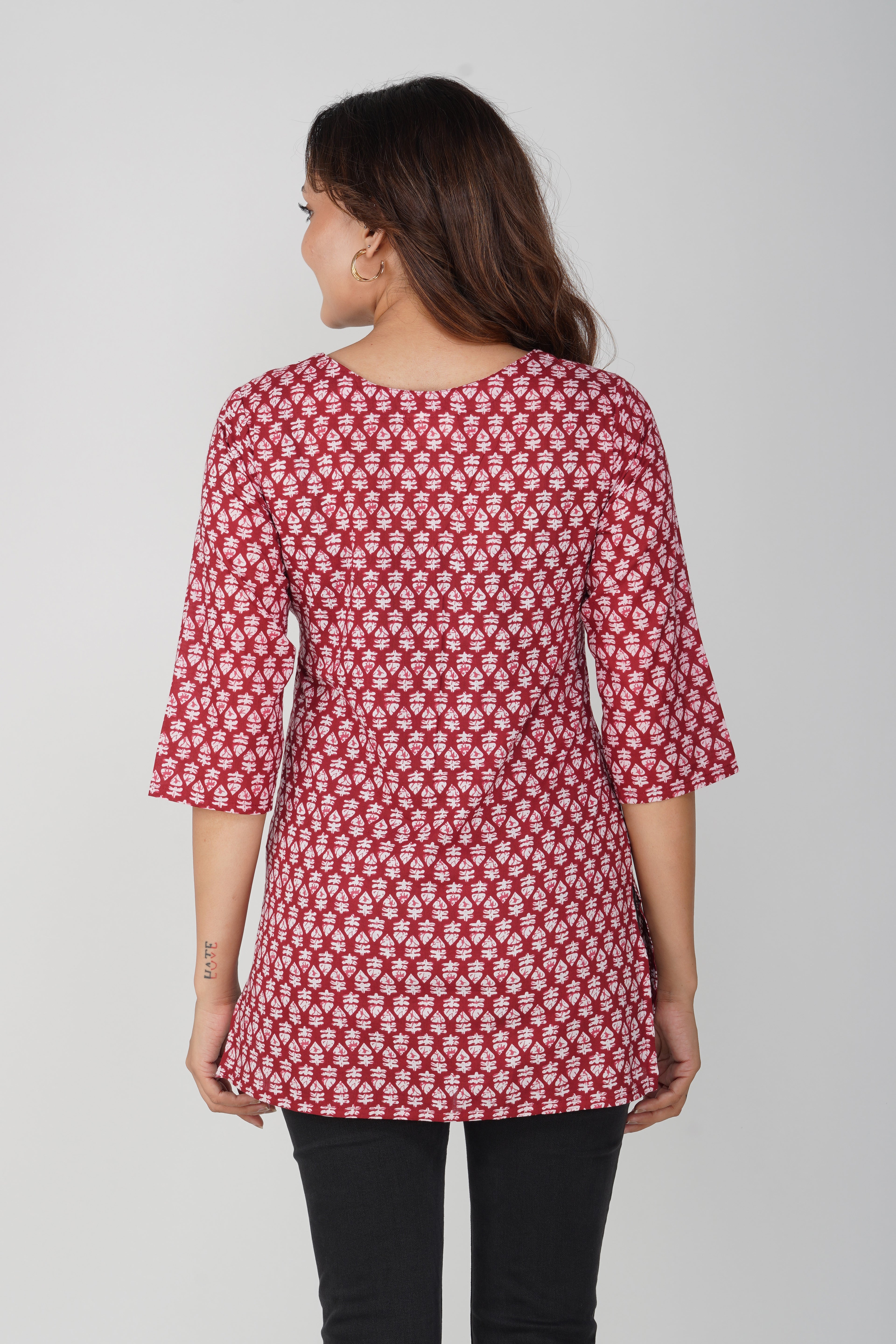 Maroon Cotton Printed Kurti