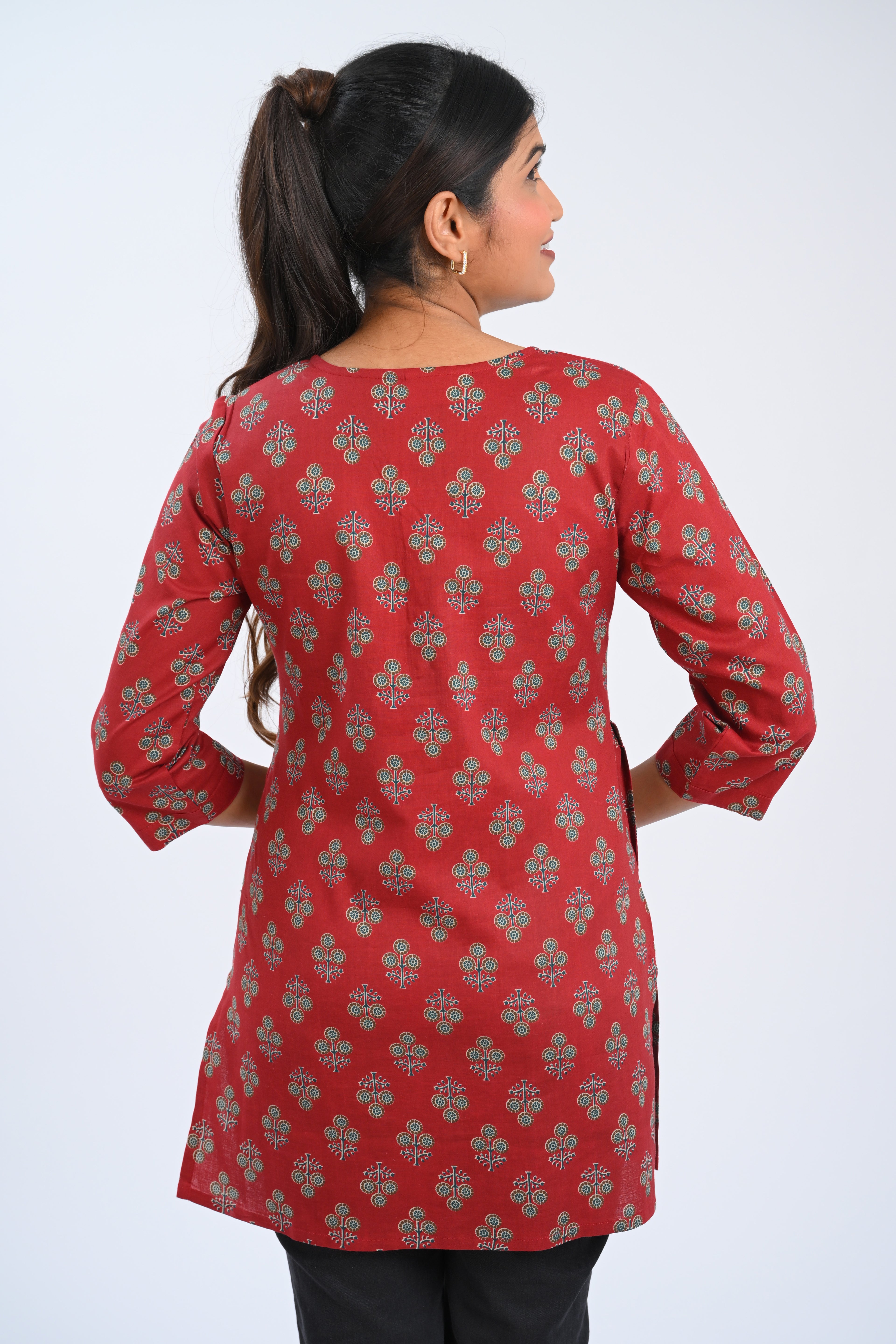Maroon Cotton Printed Short Kurti