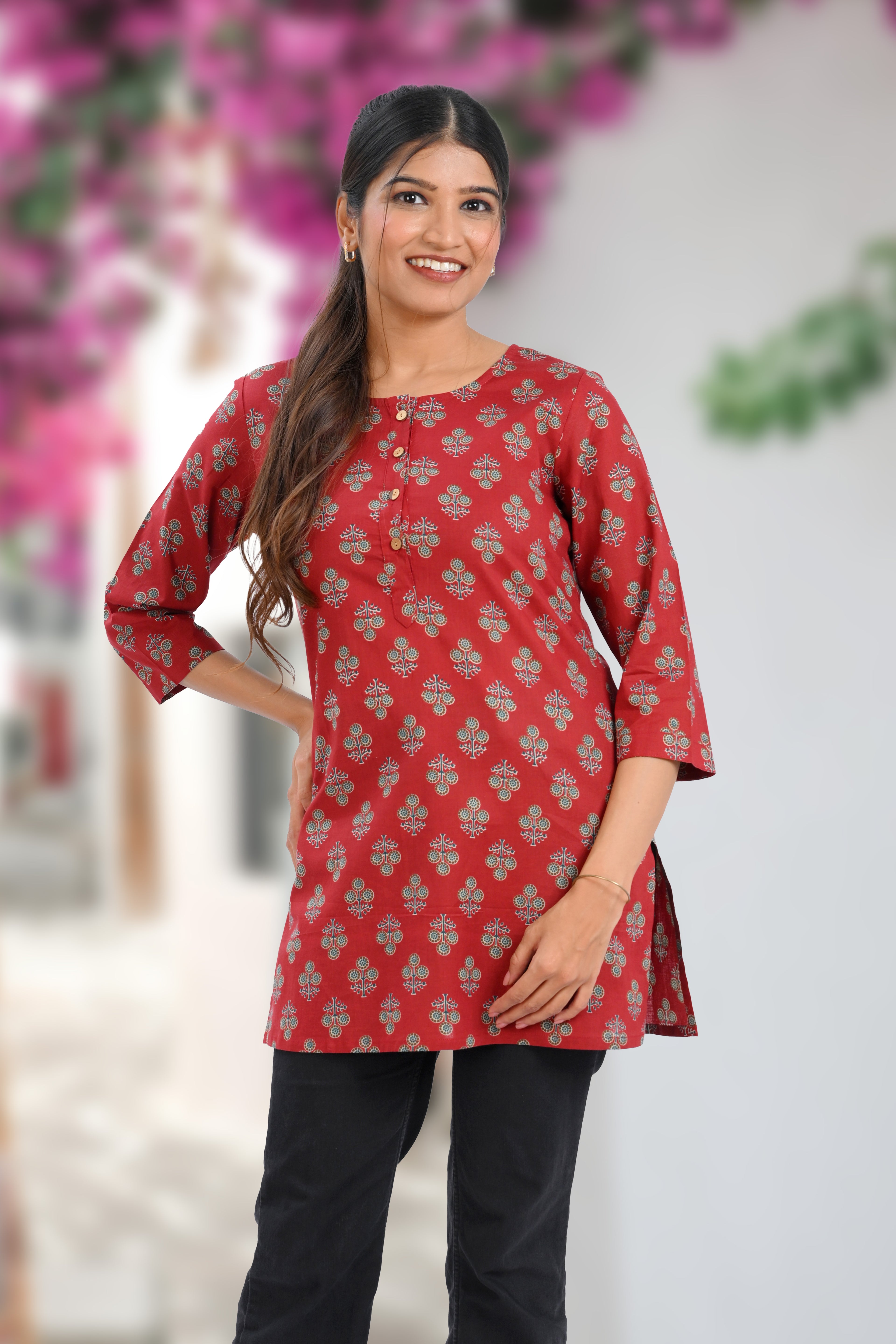 Maroon Cotton Printed Short Kurti