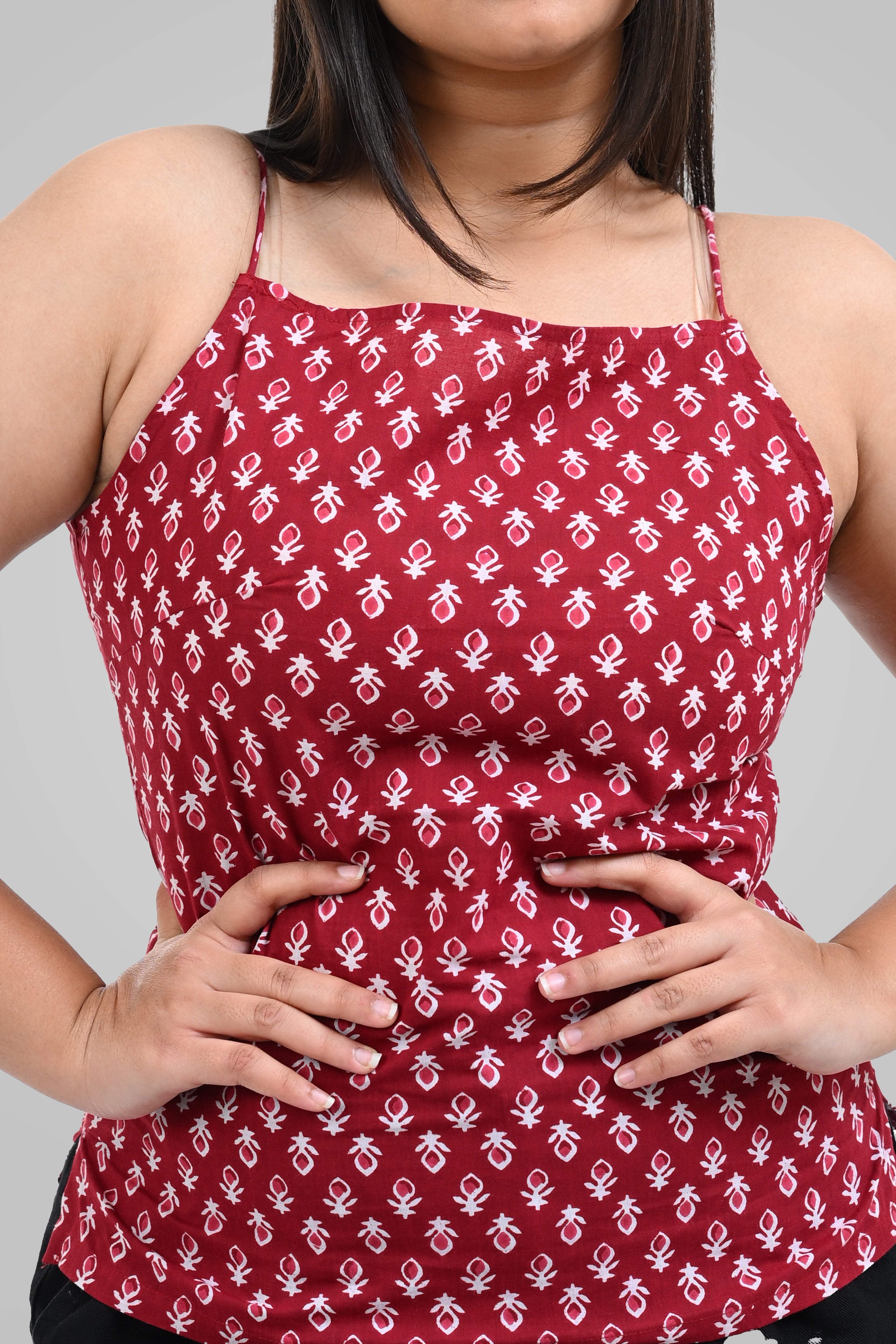 Maroon Cotton Printed Strap Top