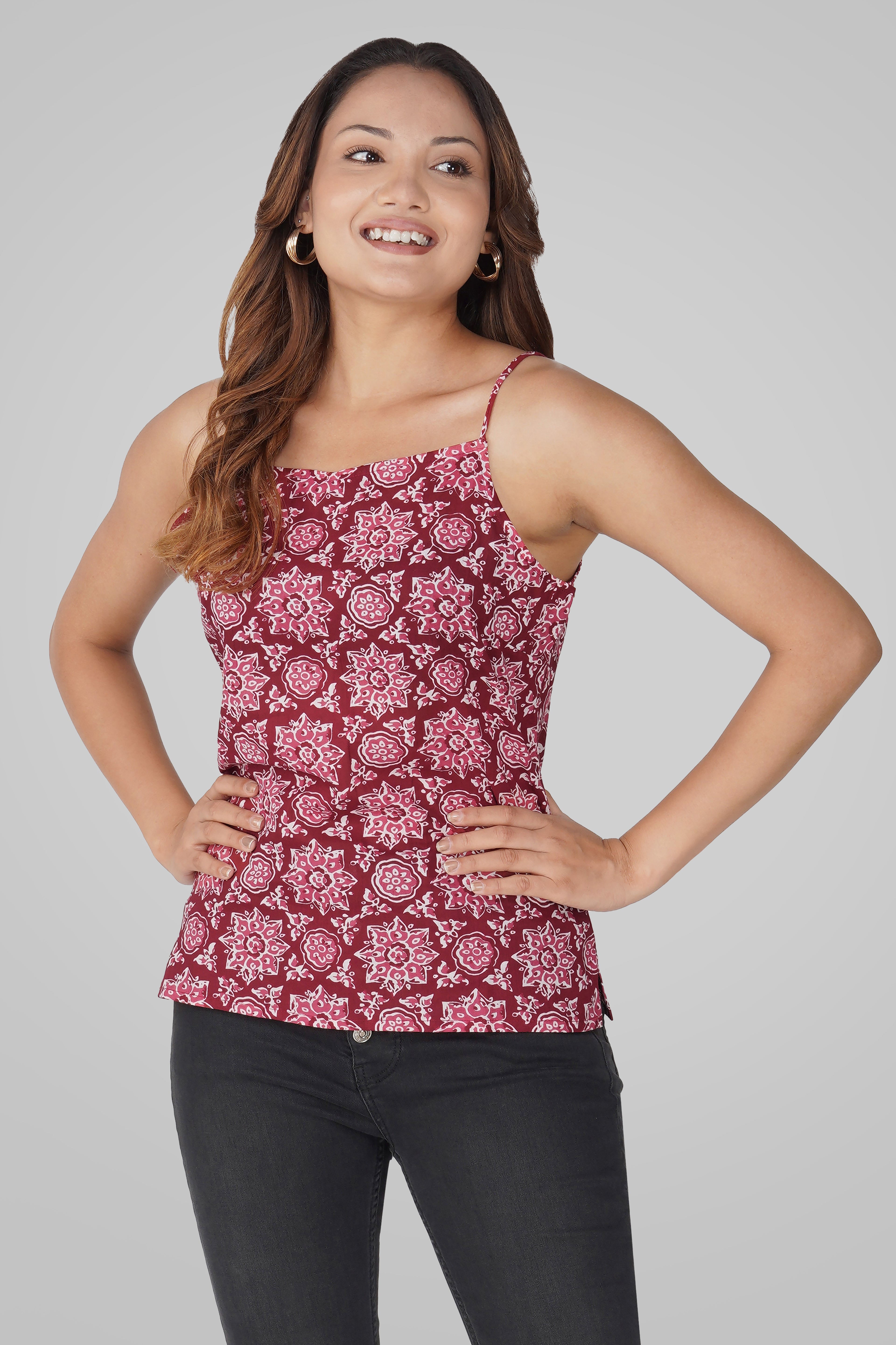 Maroon Mandala Cotton Printed Strap Top
