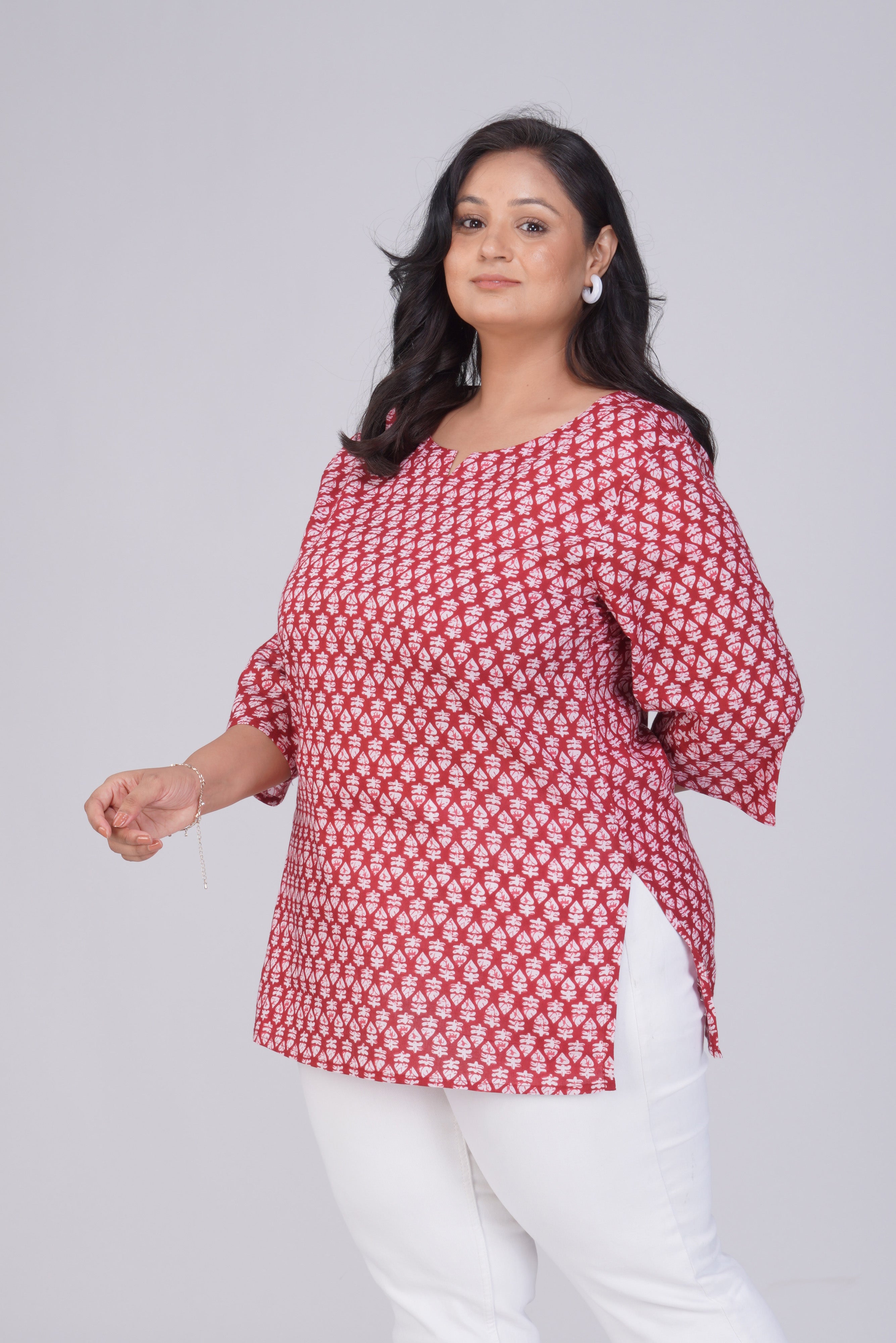 Maroon Plus Size Cotton Printed Kurti