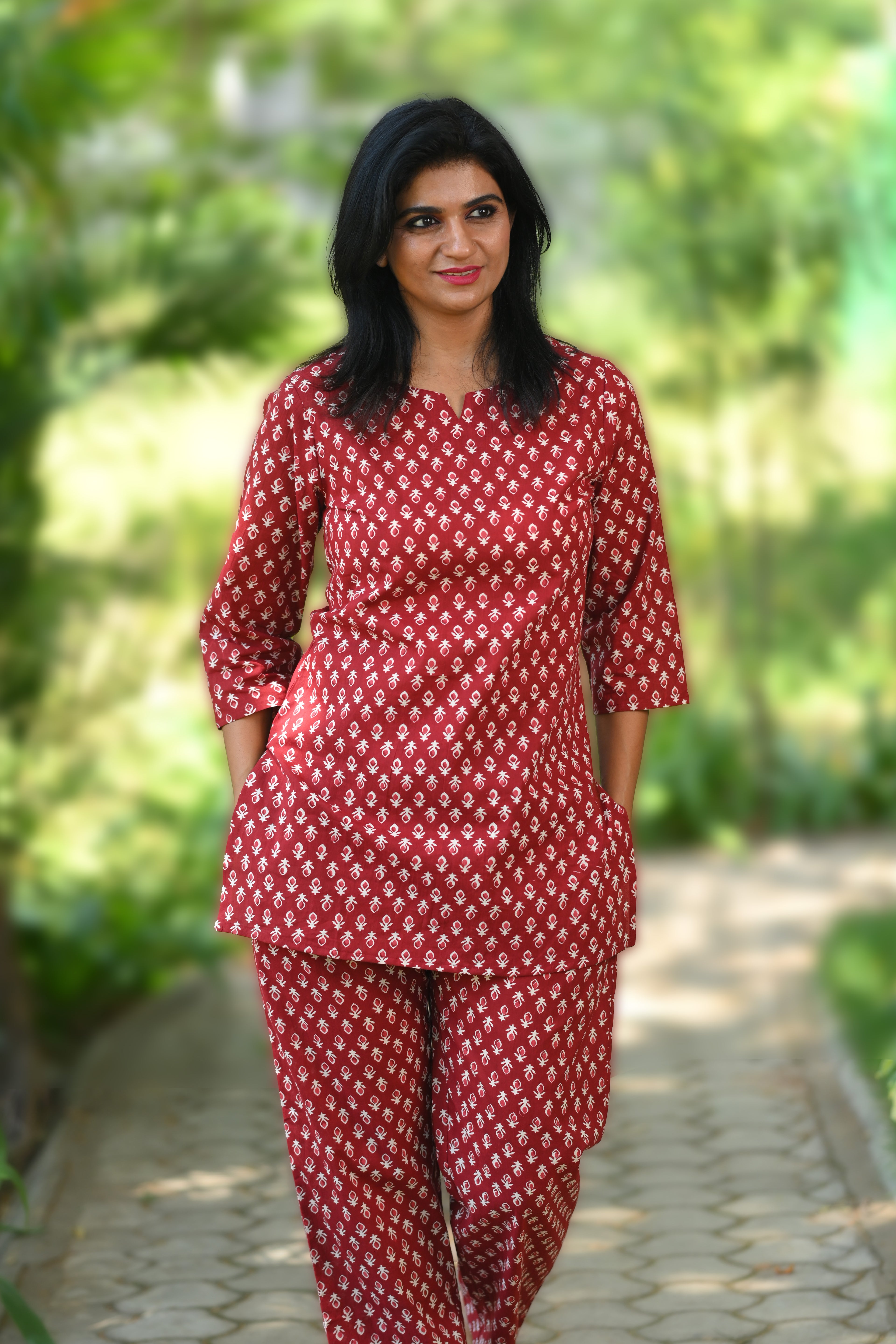 Maroon Butta Cotton Printed Pyjama Set
