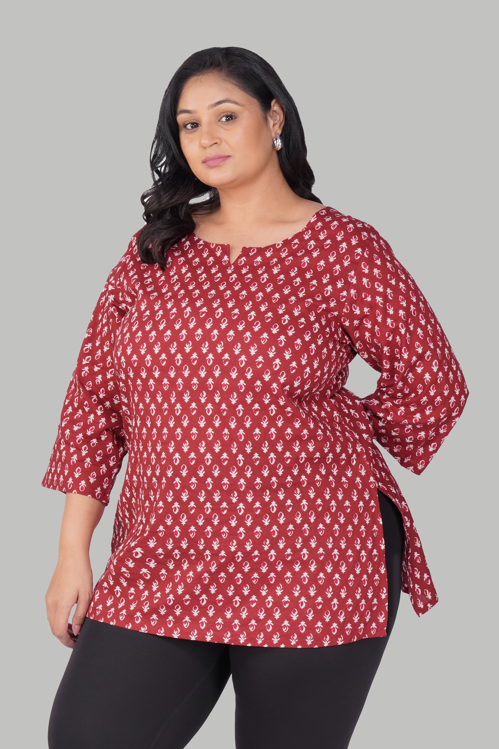 Maroon Butta Plus Size Cotton Printed Kurti