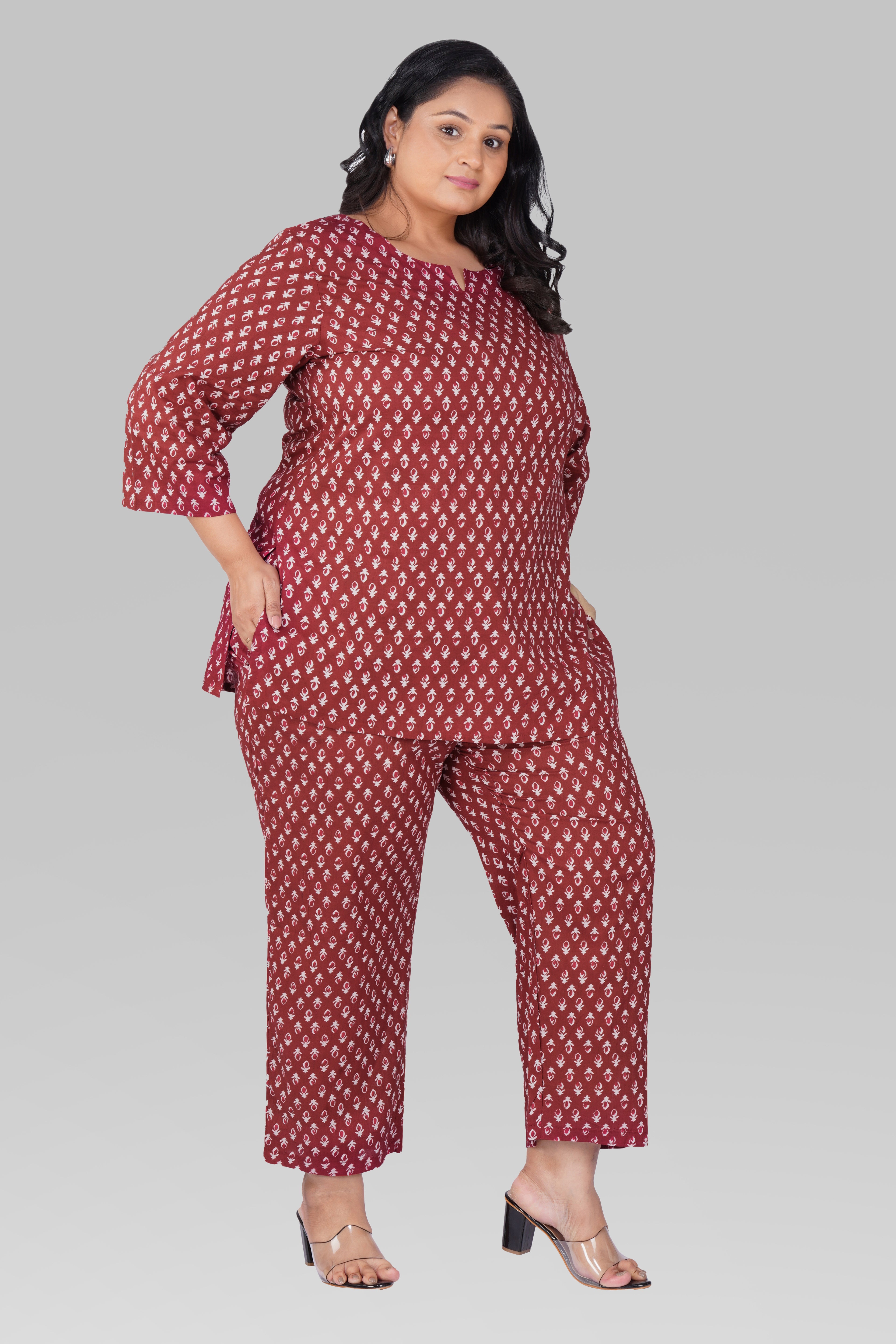 Maroon Butta Plus Size Cotton Printed Pyjama Set