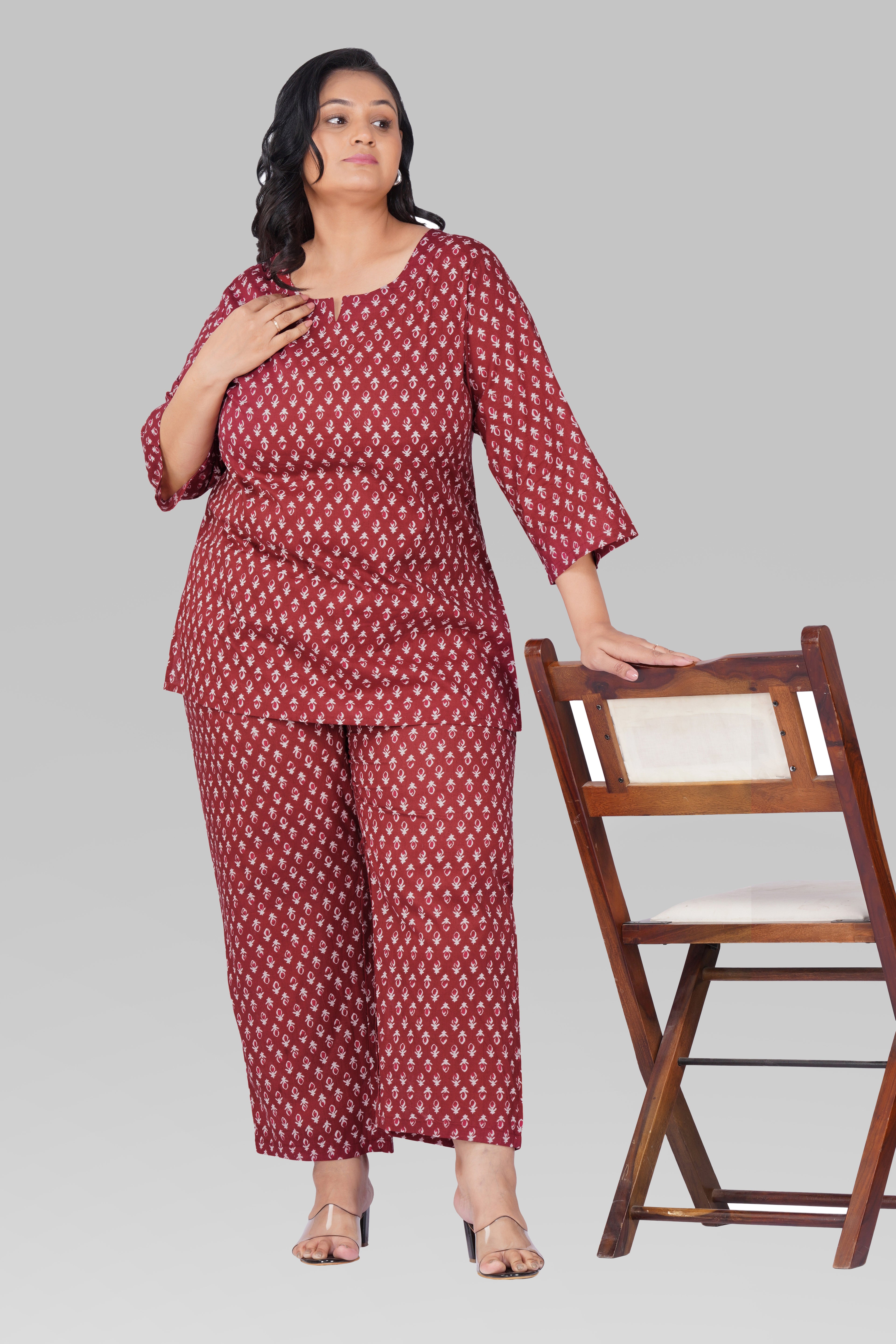 Maroon Butta Plus Size Cotton Printed Pyjama Set