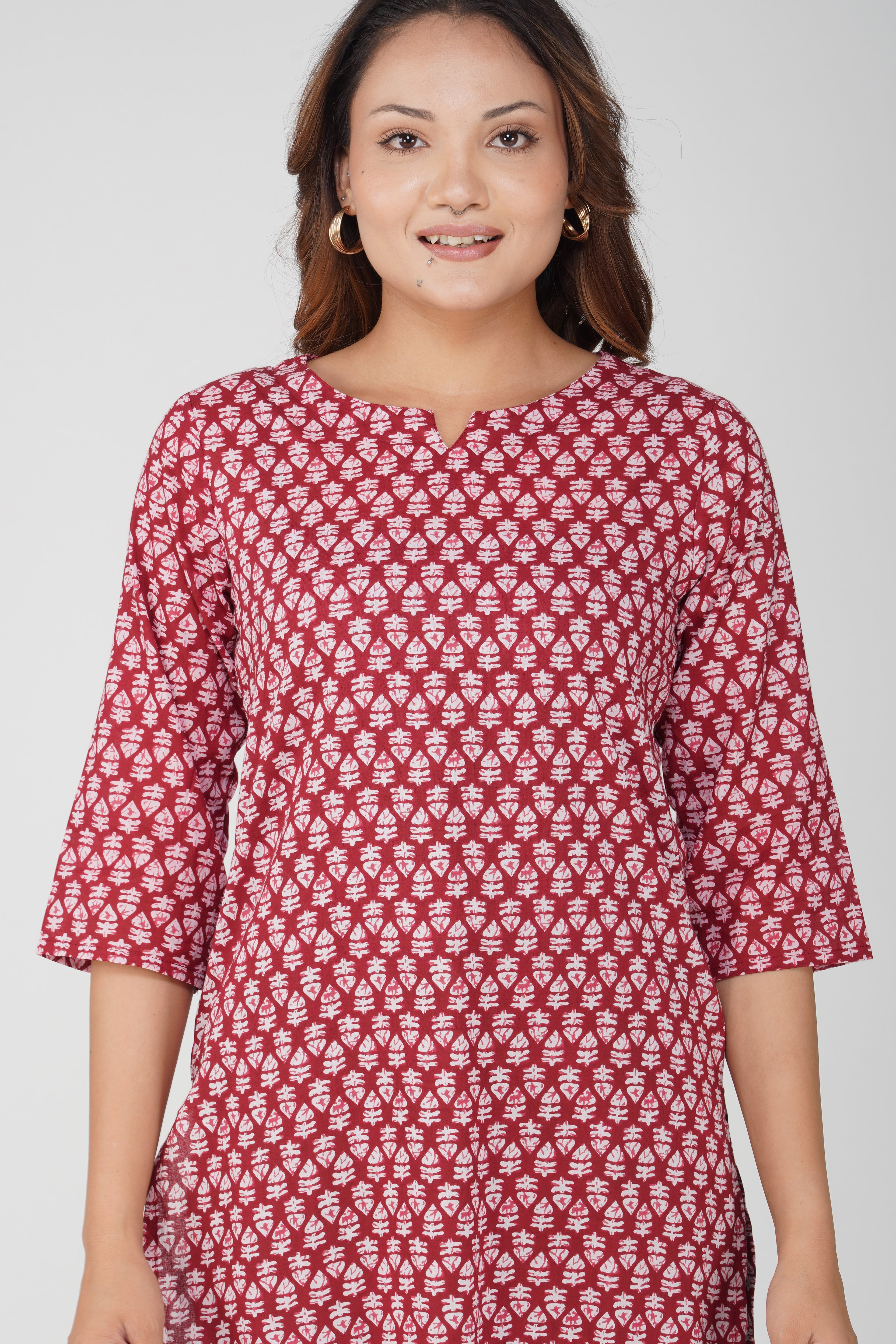 Maroon Cotton Printed Kurti