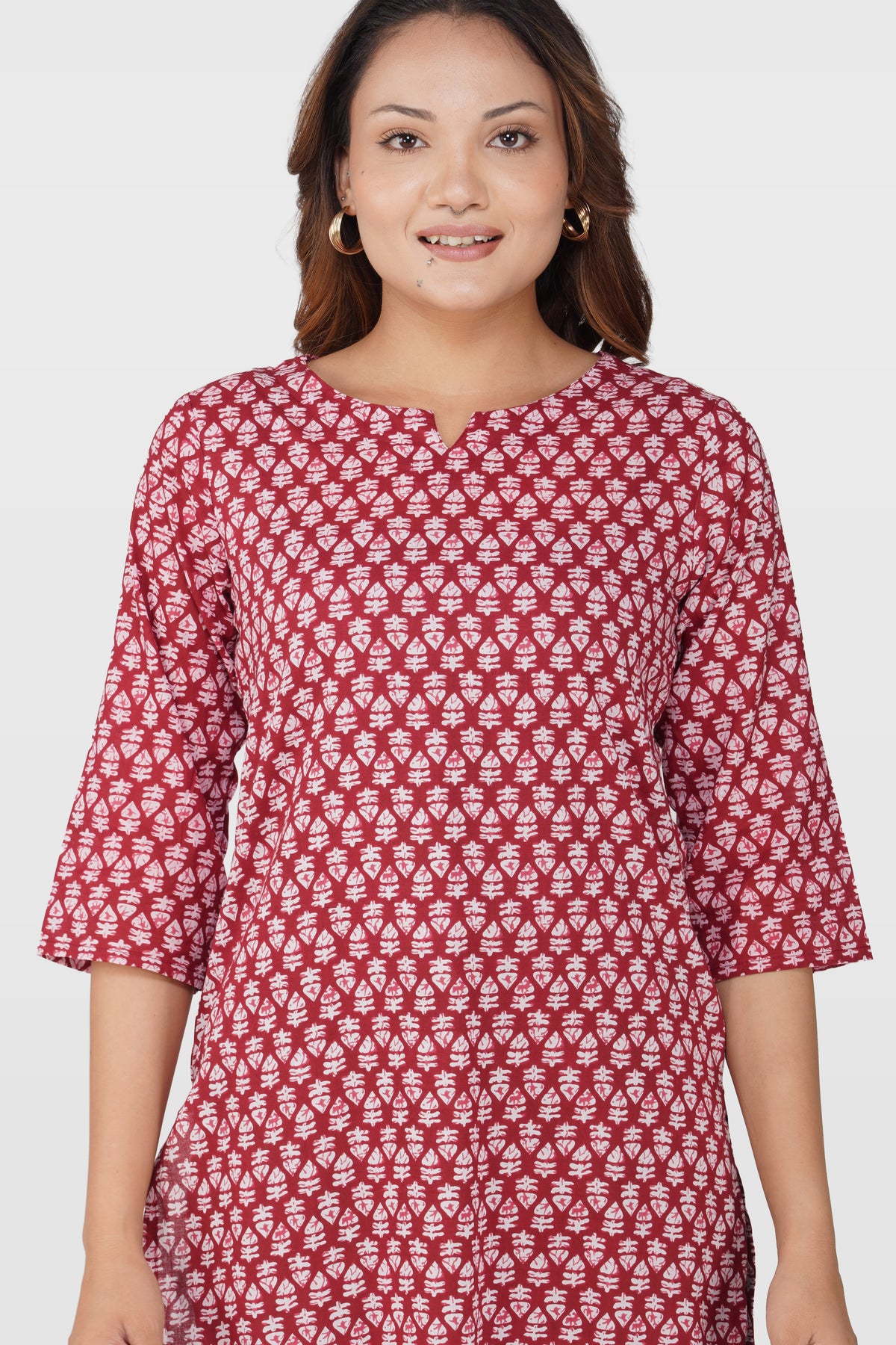Maroon Cotton Printed Kurti