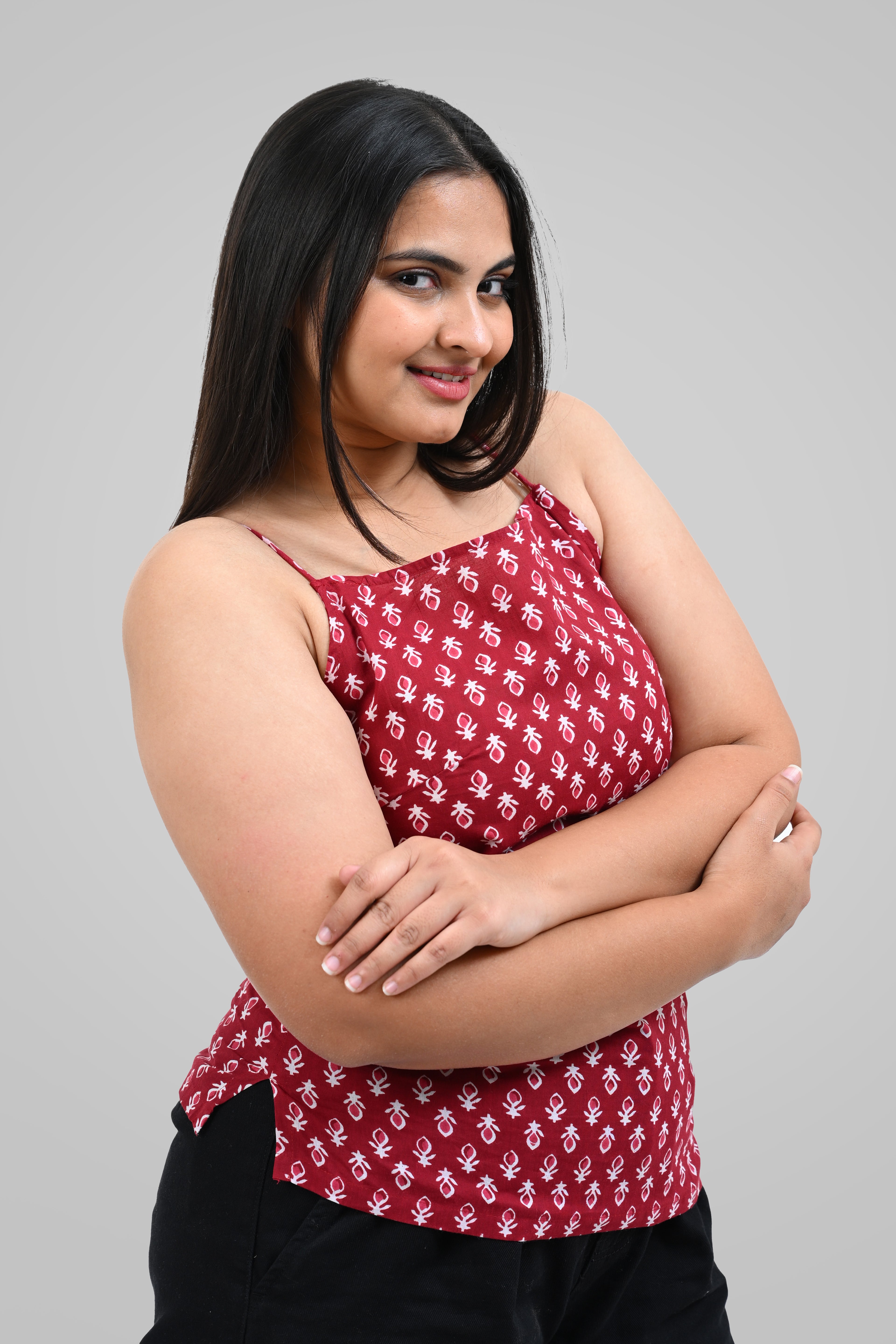 Maroon Cotton Printed Strap Top