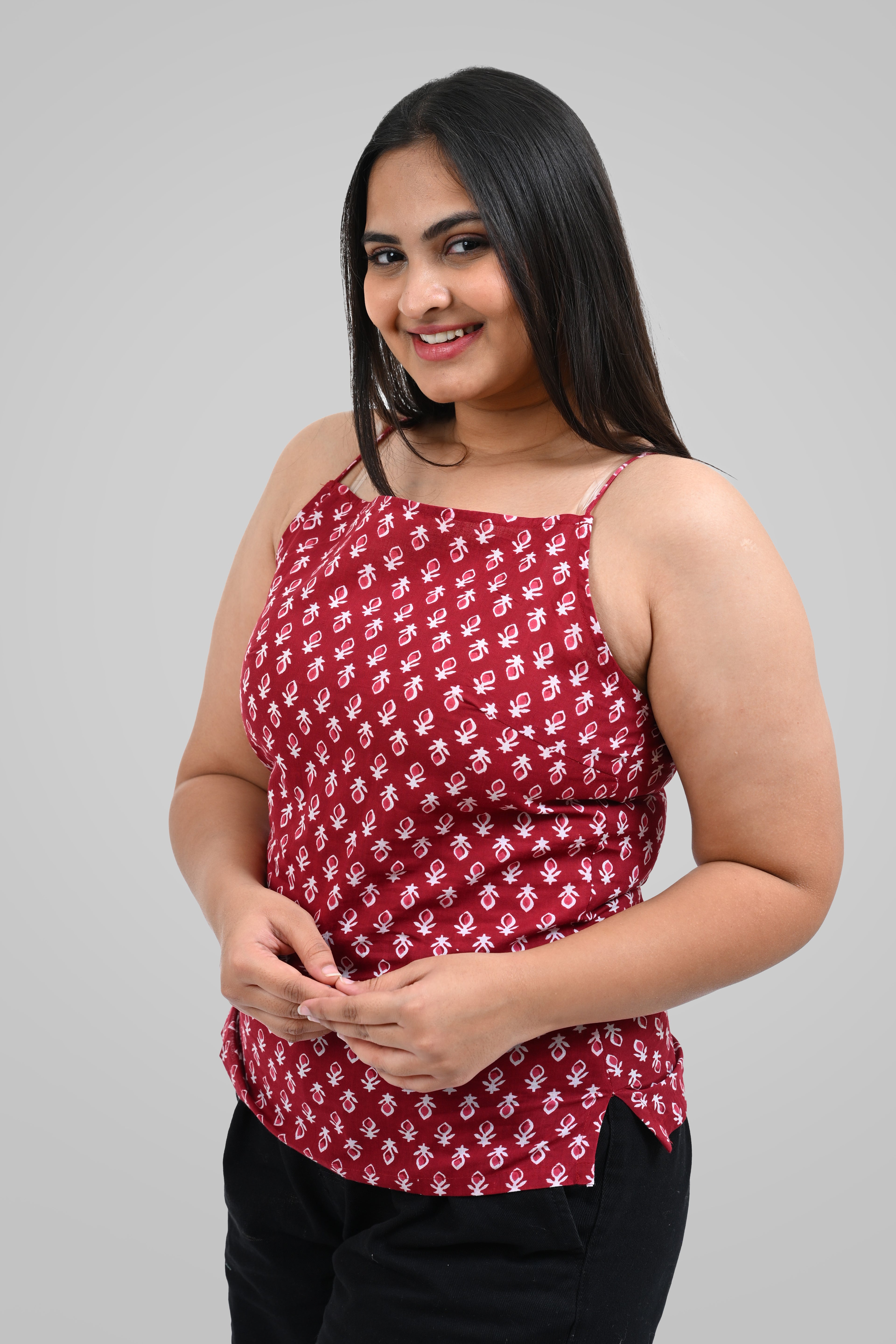 Maroon Cotton Printed Strap Top