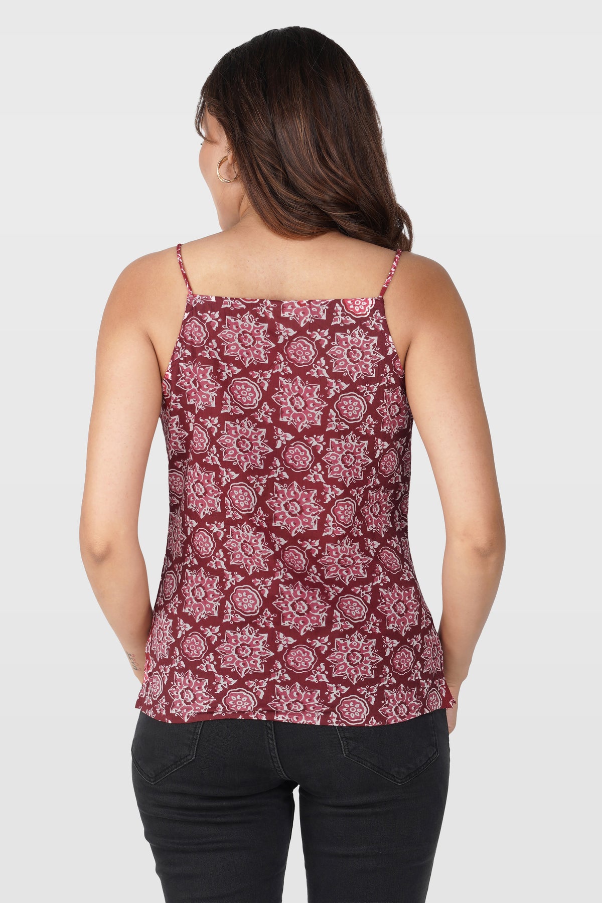 Maroon Mandala Cotton Printed Strap Top