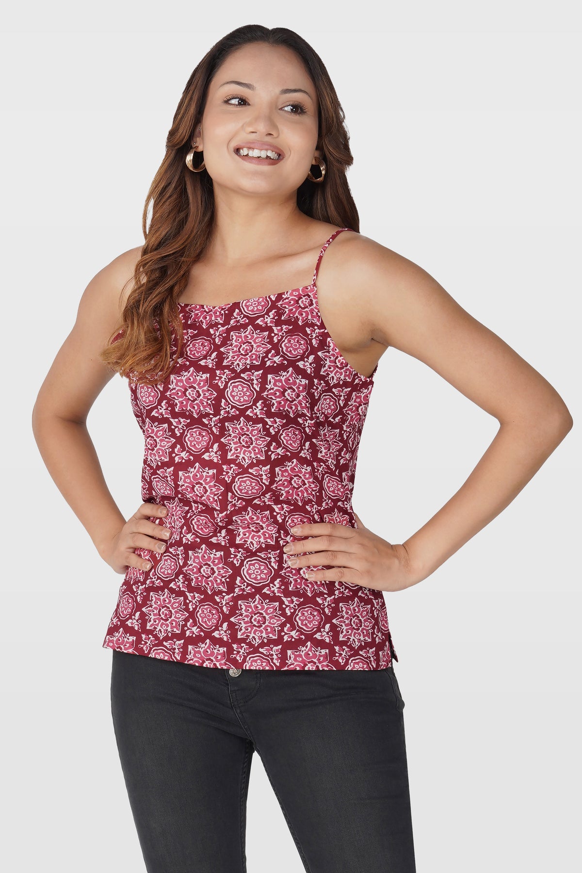 Maroon Mandala Cotton Printed Strap Top