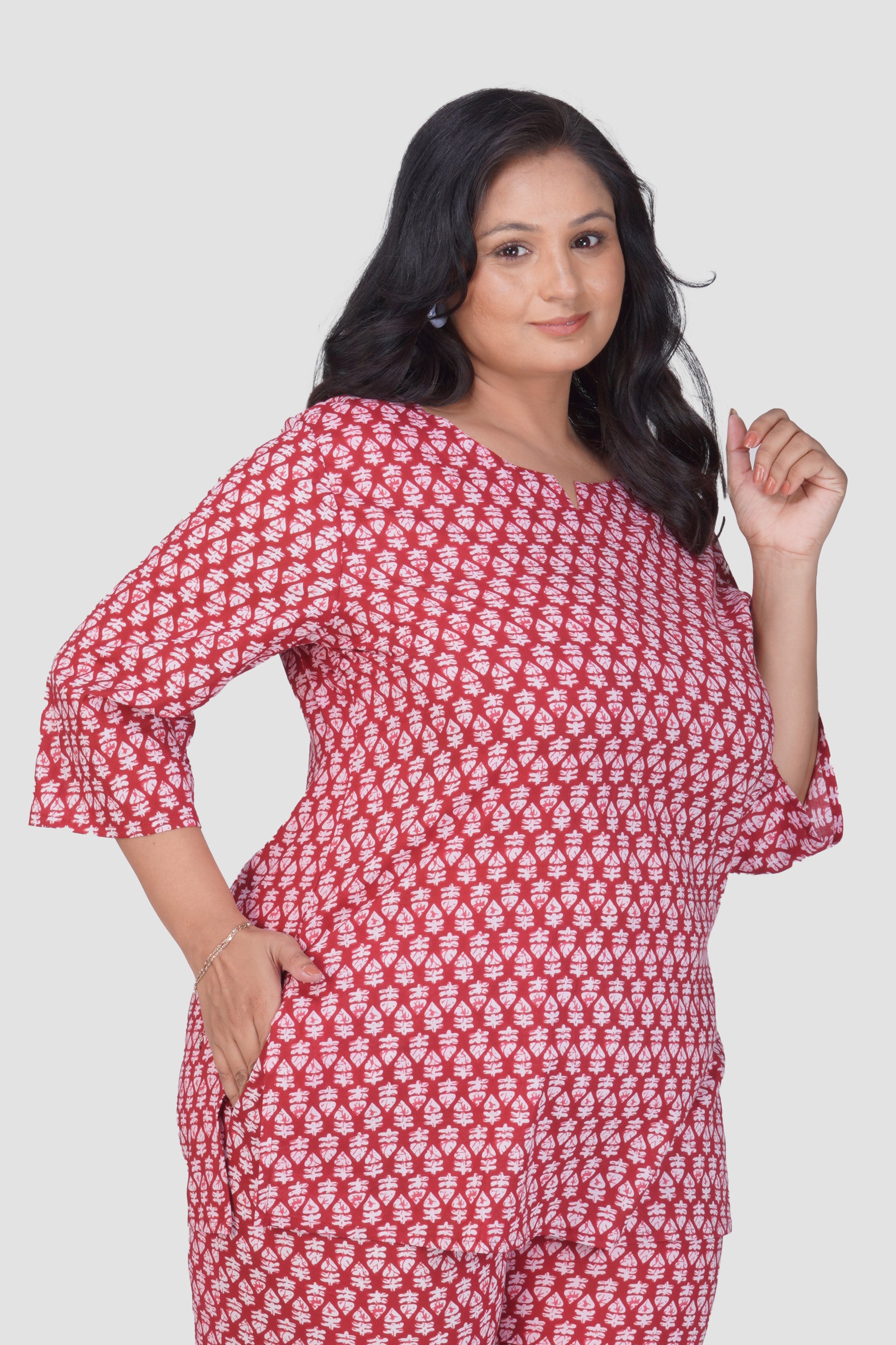 Maroon Plus Size Cotton Printed Pyjama Set
