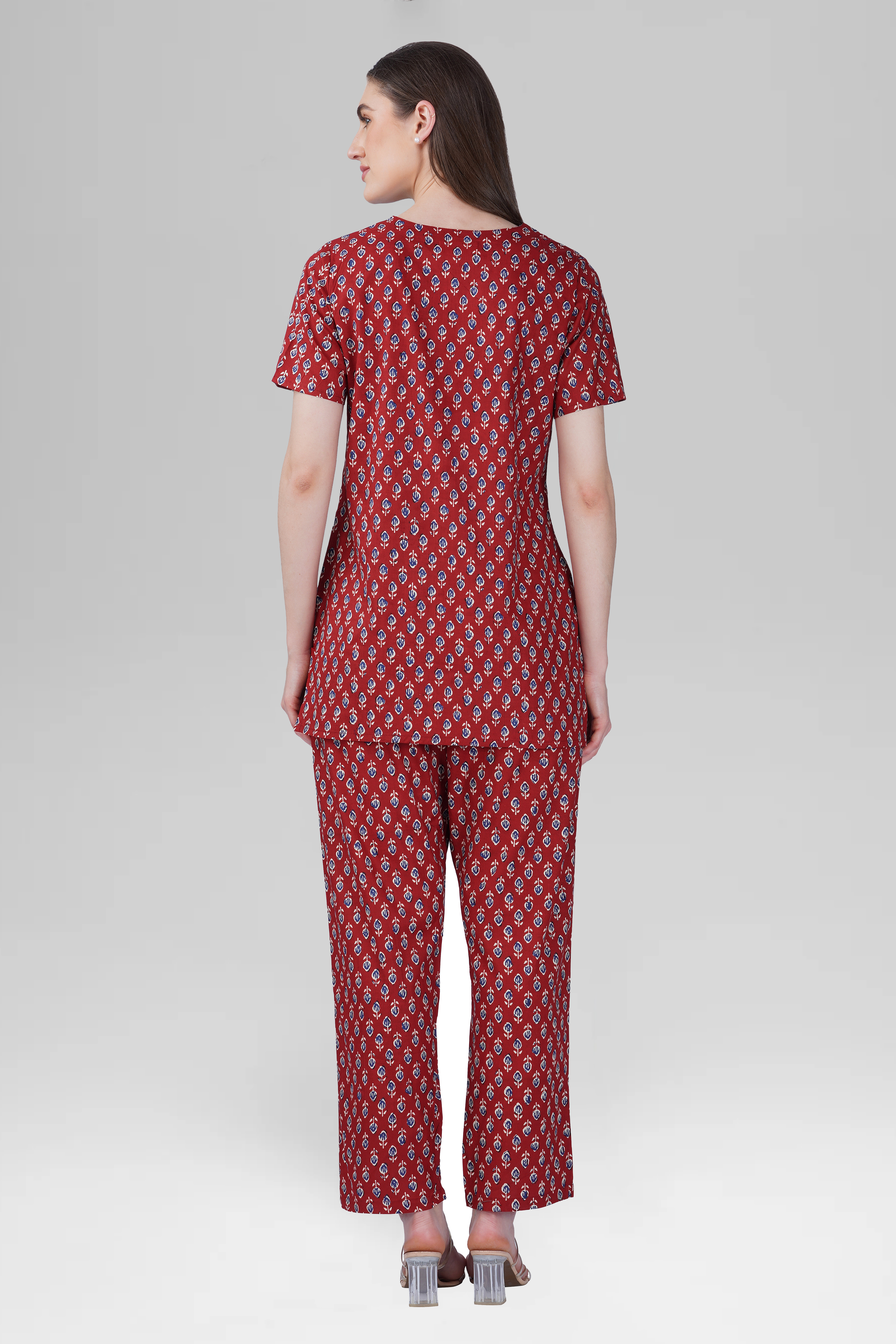 Maroon V Neck Cotton Printed Pyjama Set