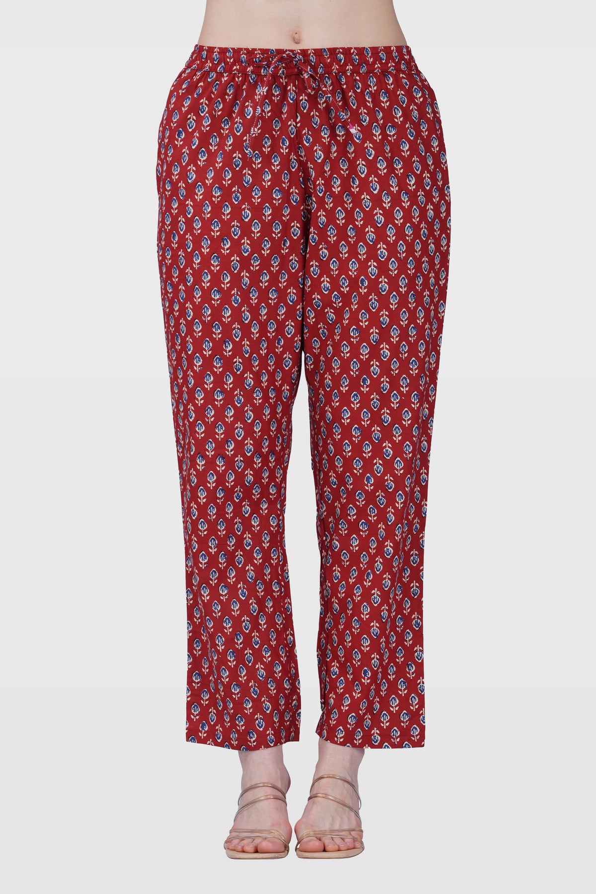 Maroon V Neck Cotton Printed Pyjama Set