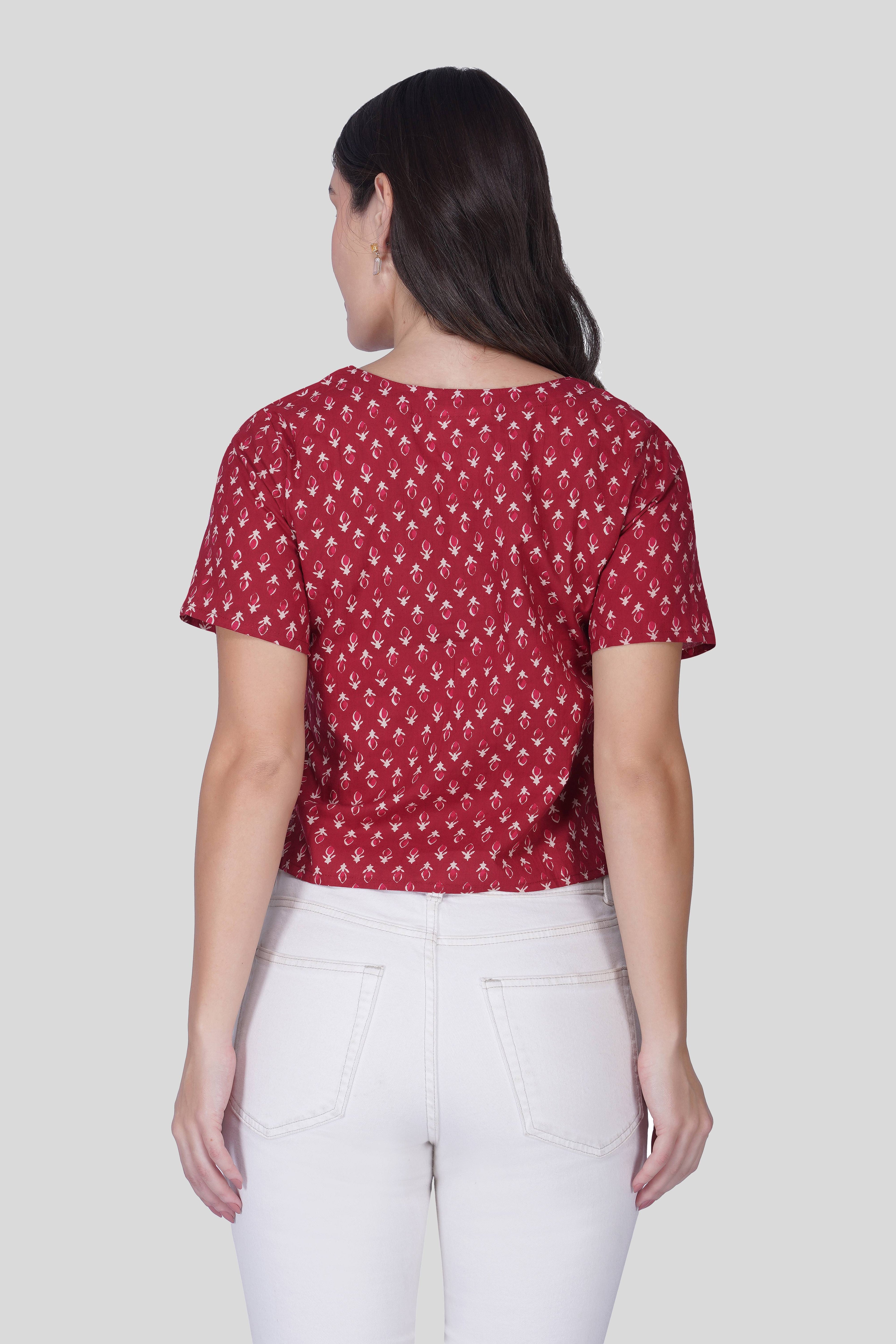 Maroon V Neck Cotton Printed Top
