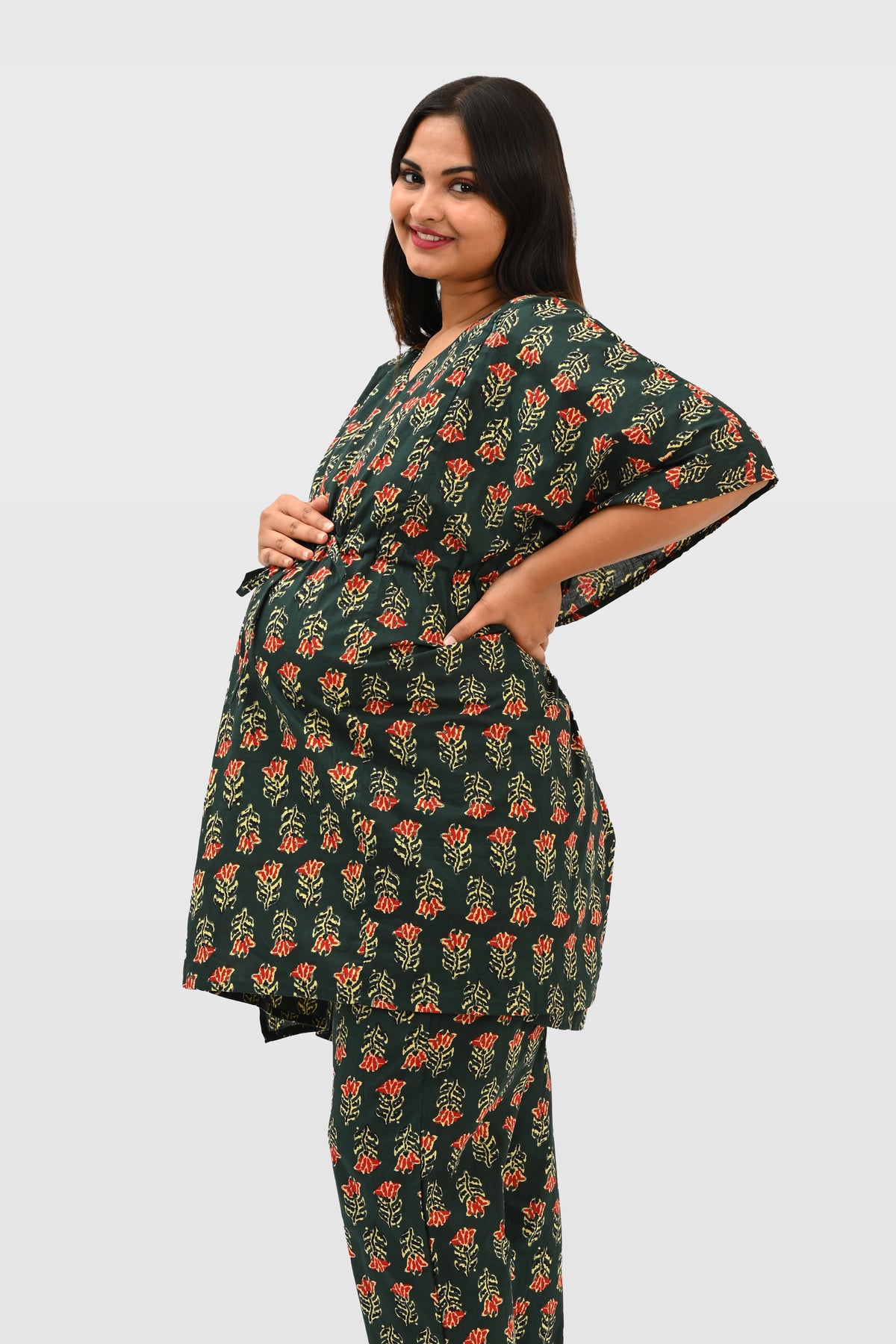 Maternity and Feeding Kaftan Set in Deep Green