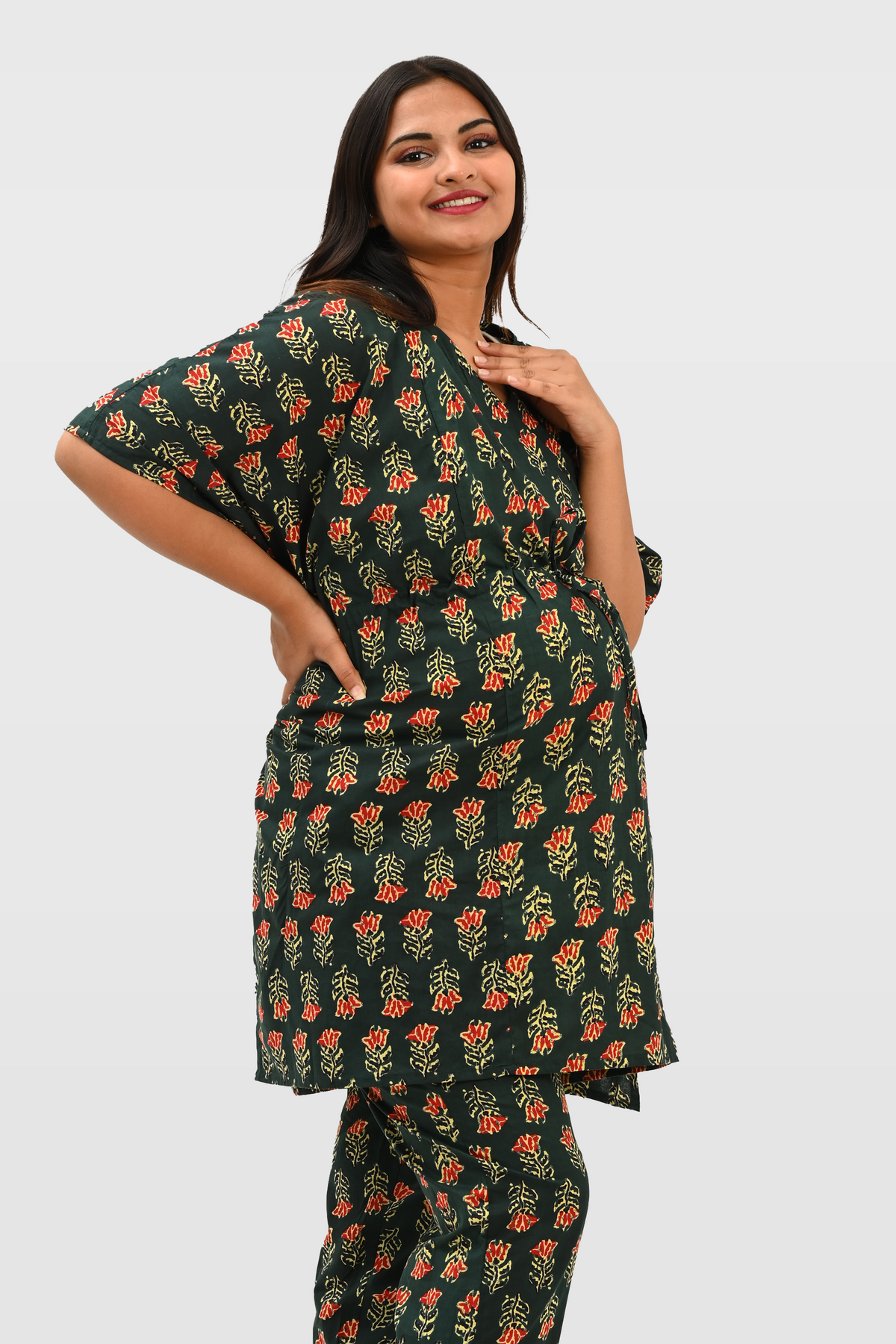 Maternity and Feeding Kaftan Set in Deep Green