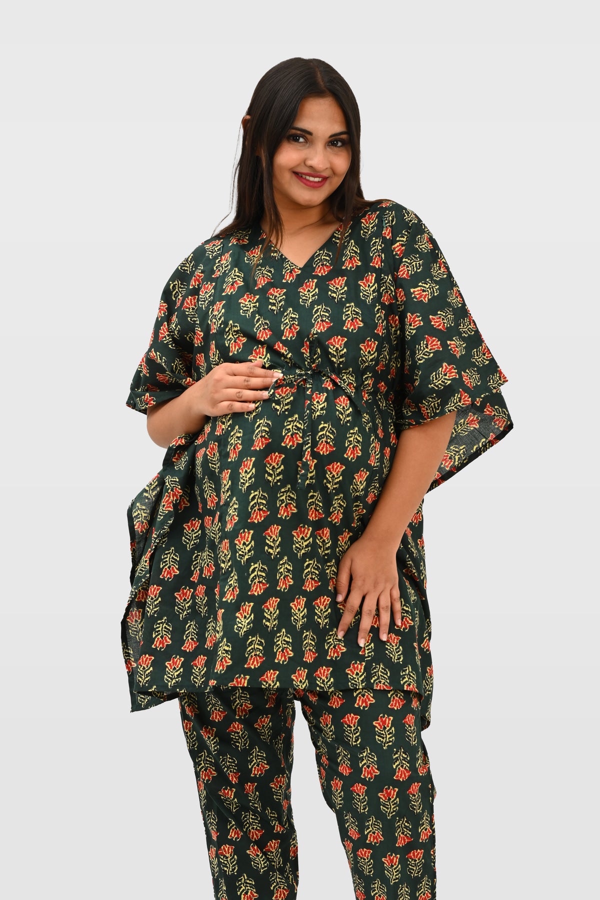 Maternity and Feeding Kaftan Set in Deep Green