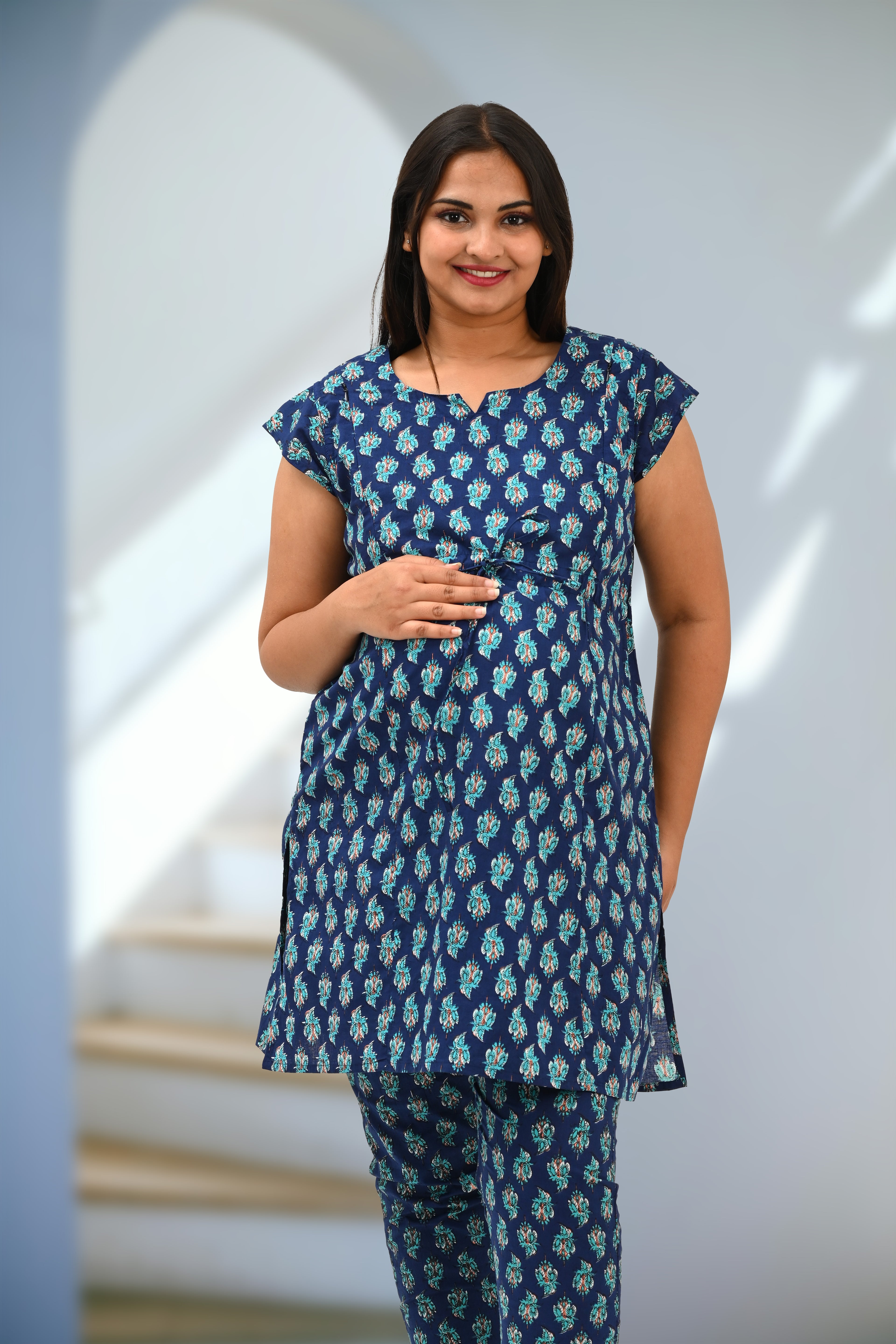 Maternity and Feeding Kurta Set in Deep Blue