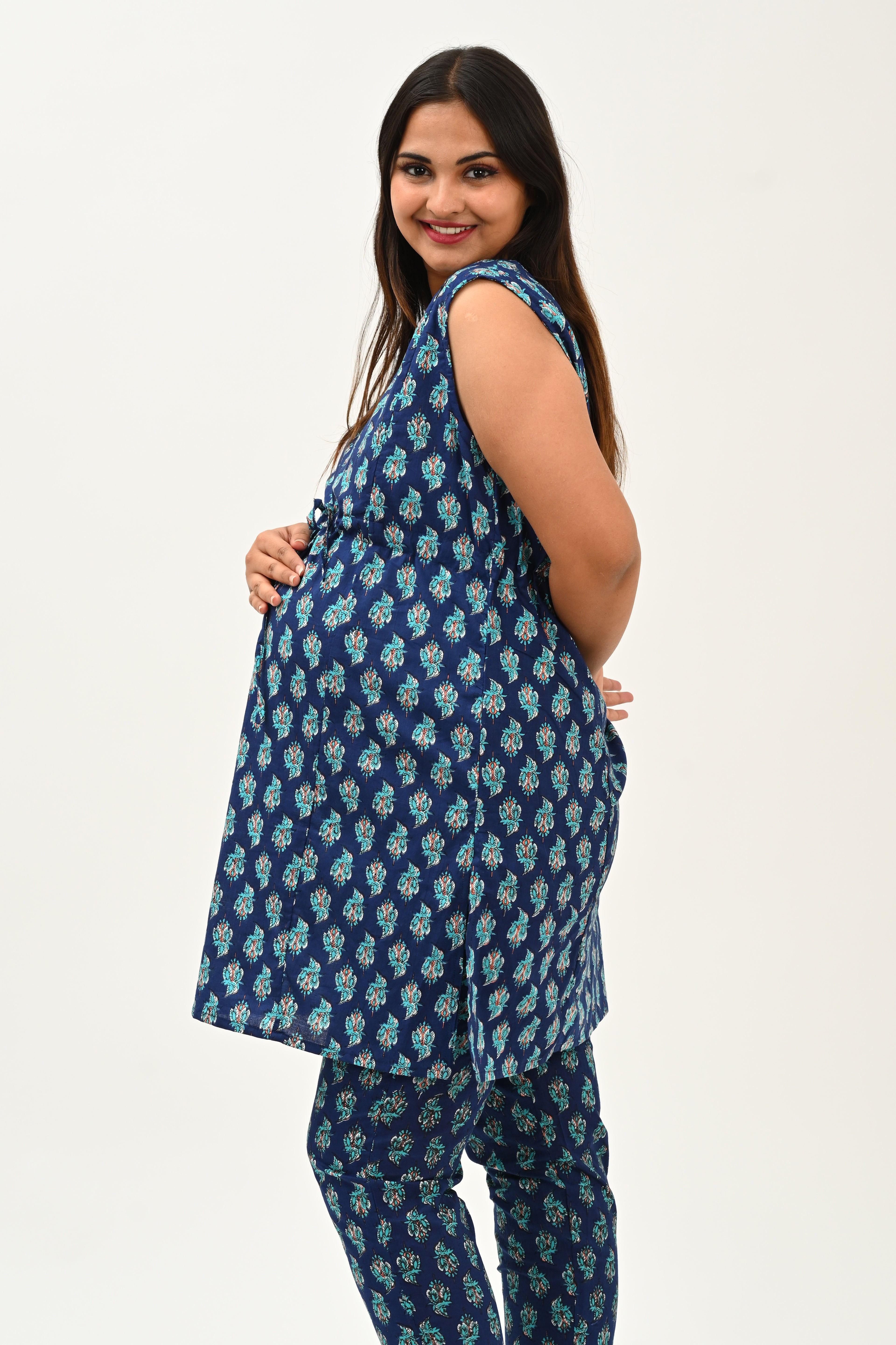 Maternity and Feeding Kurta Set in Deep Blue