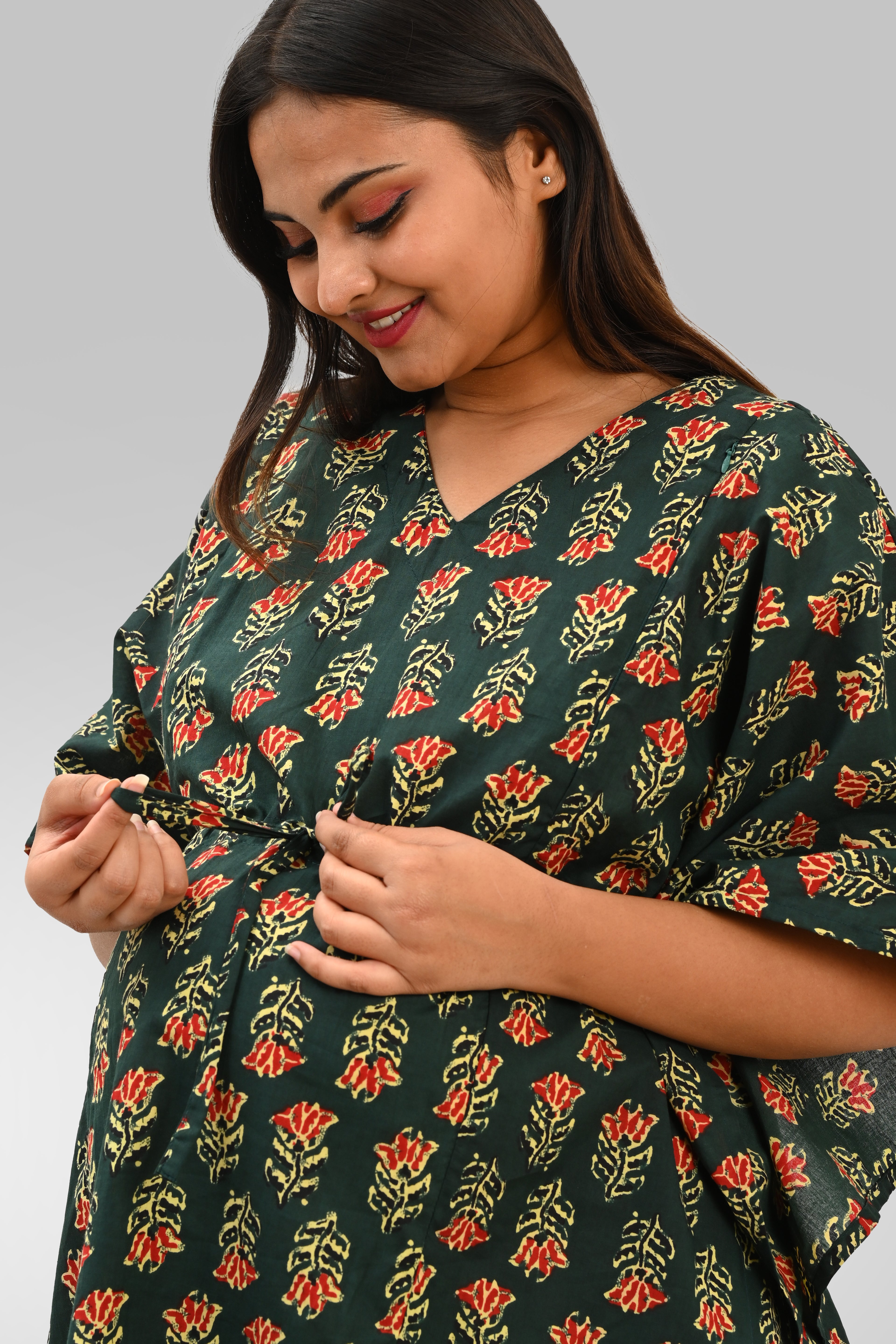 Maternity and Feeding Kaftan Set in Deep Green
