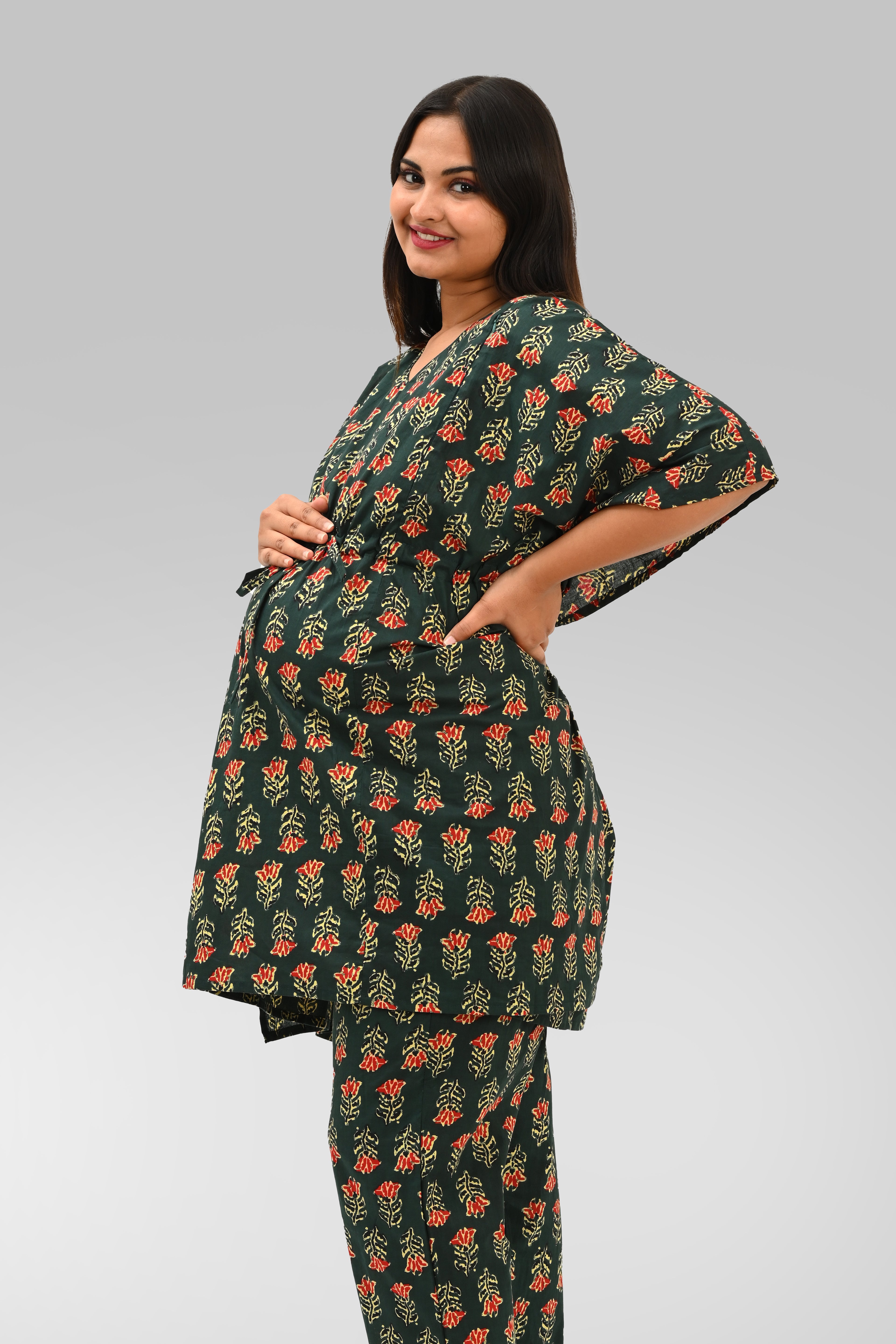 Maternity and Feeding Kaftan Set in Deep Green