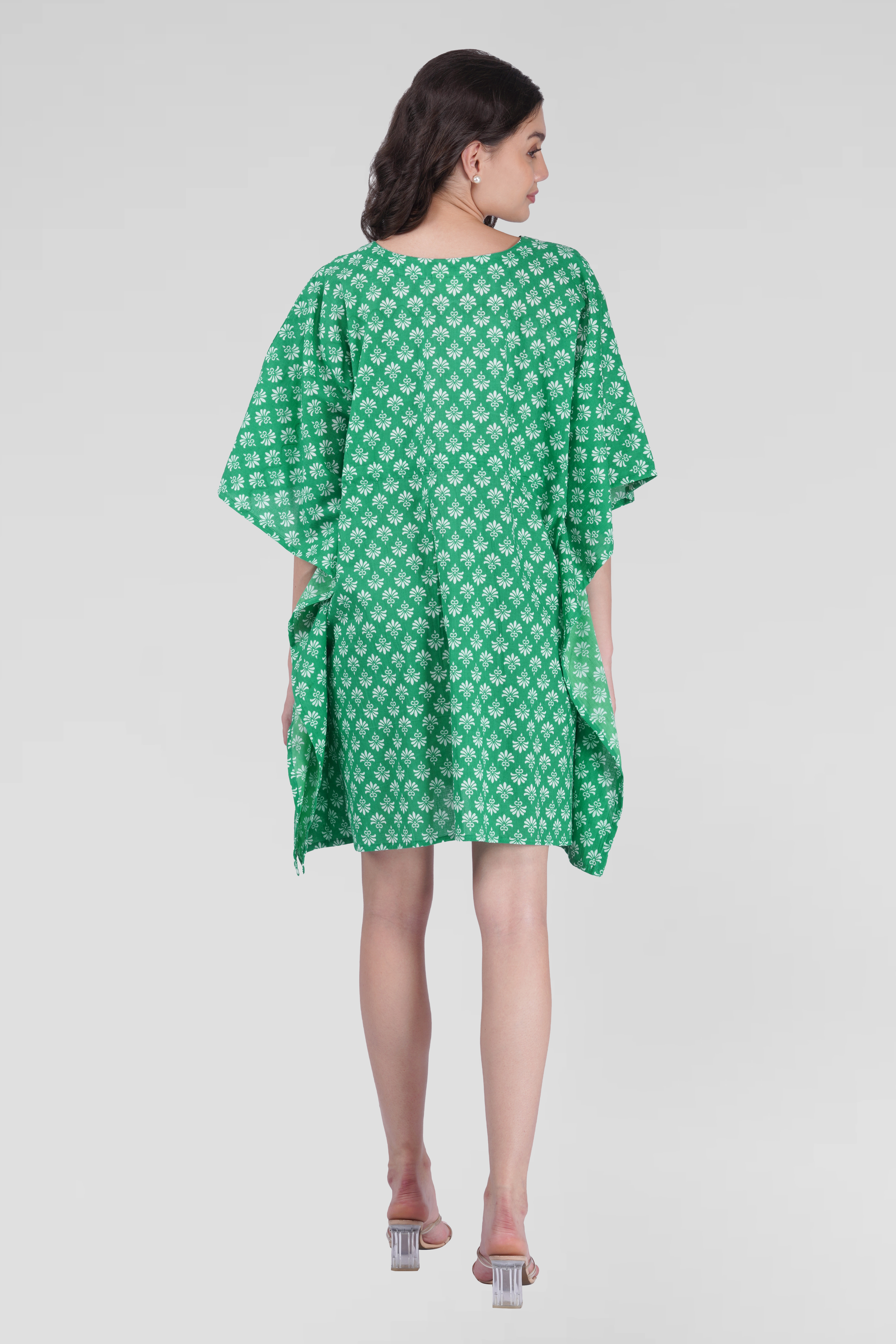 Medium Sea Green Cotton Printed Kaftan Top