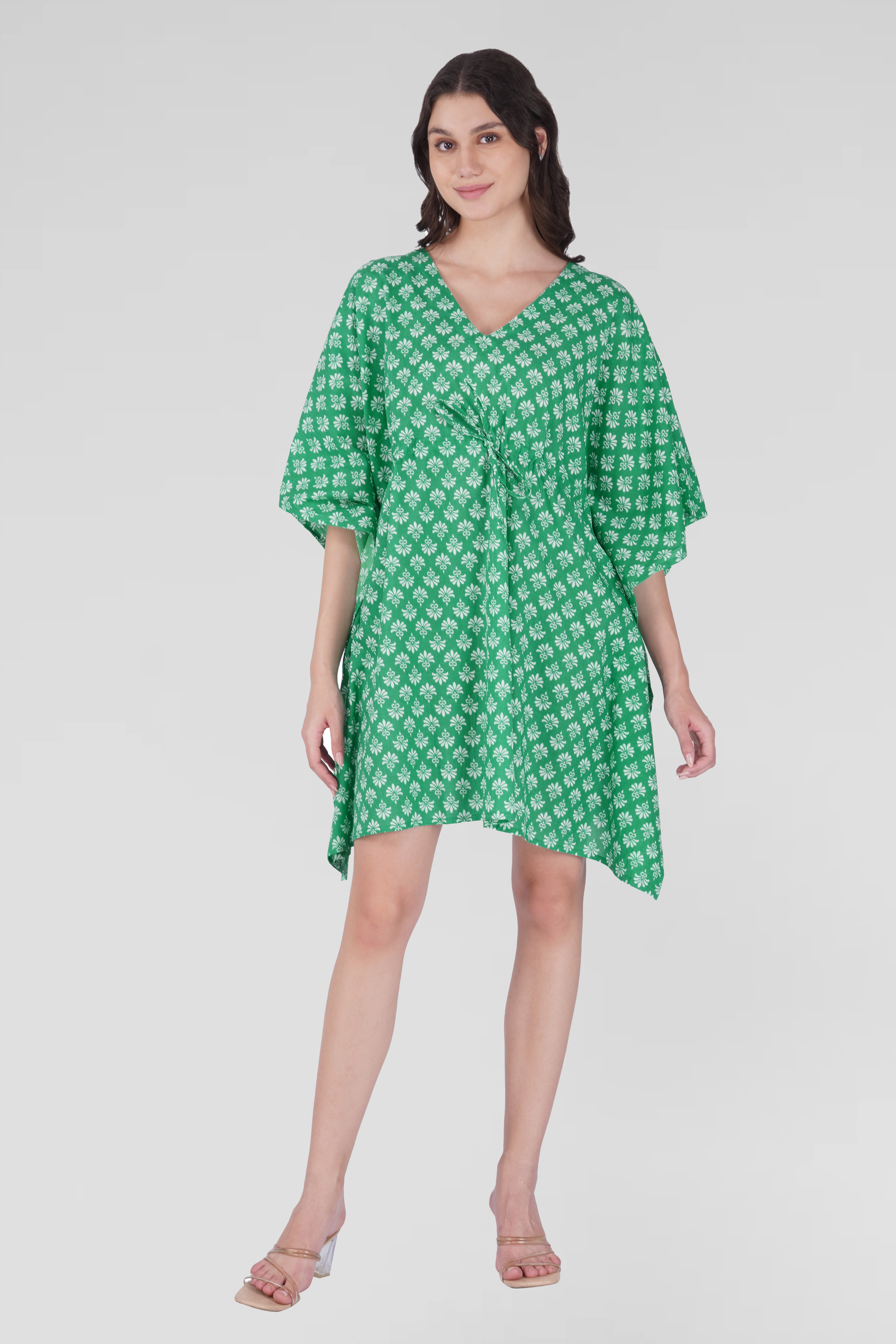 Medium Sea Green Cotton Printed Kaftan Top