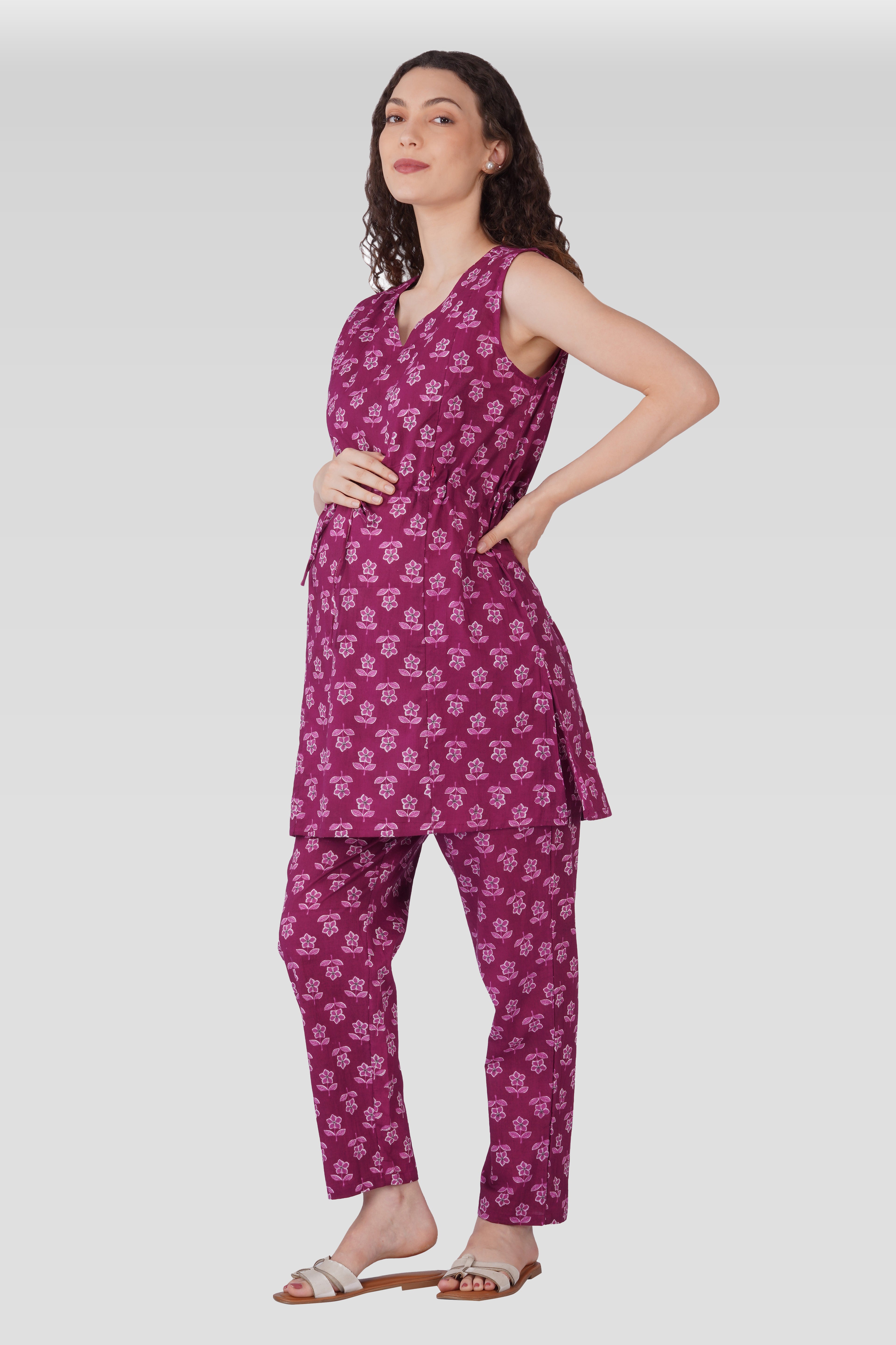 Mulberry Purple Cotton Printed Maternity and Feeding Kurta Set