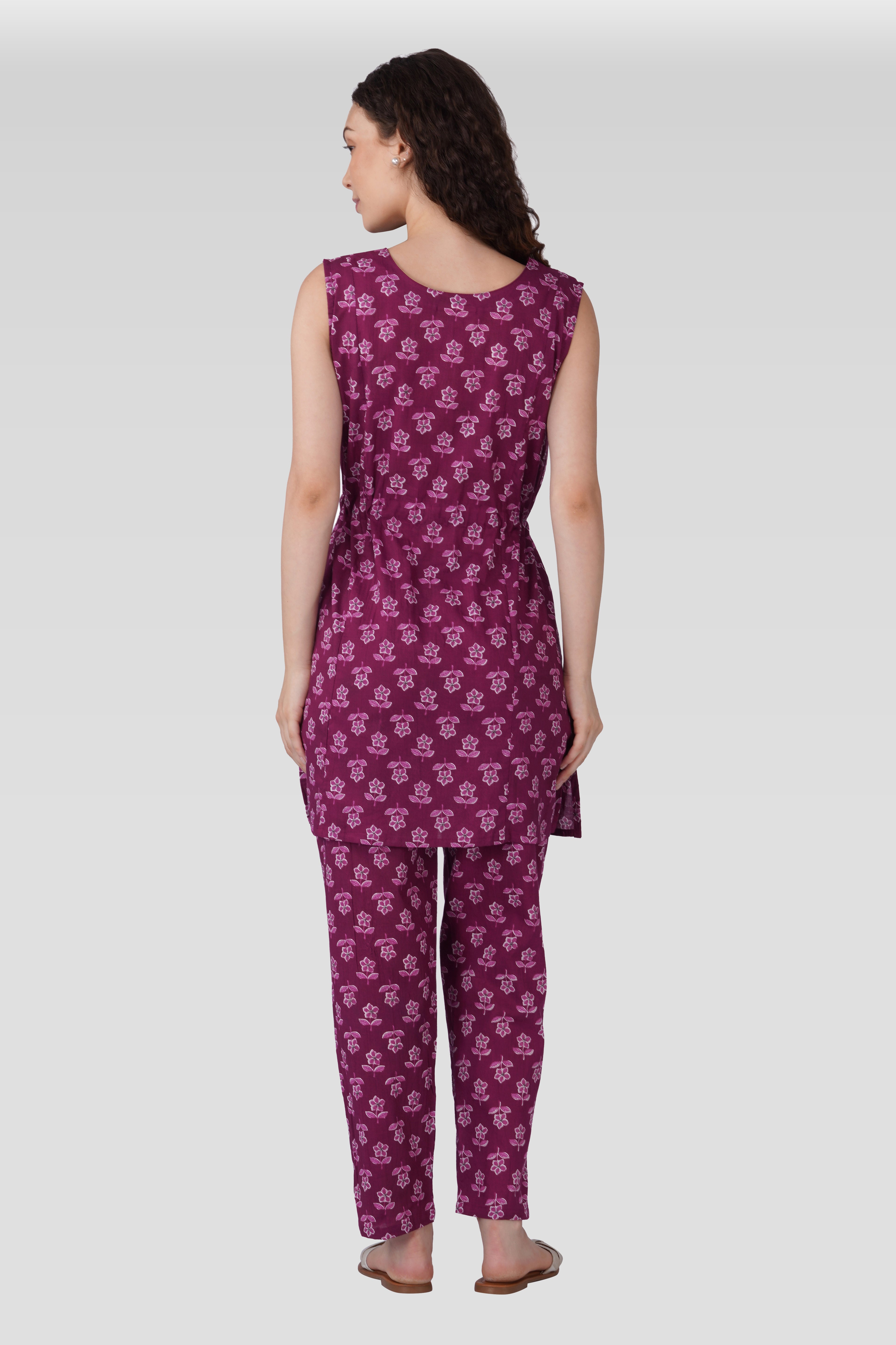 Mulberry Purple Cotton Printed Maternity and Feeding Kurta Set