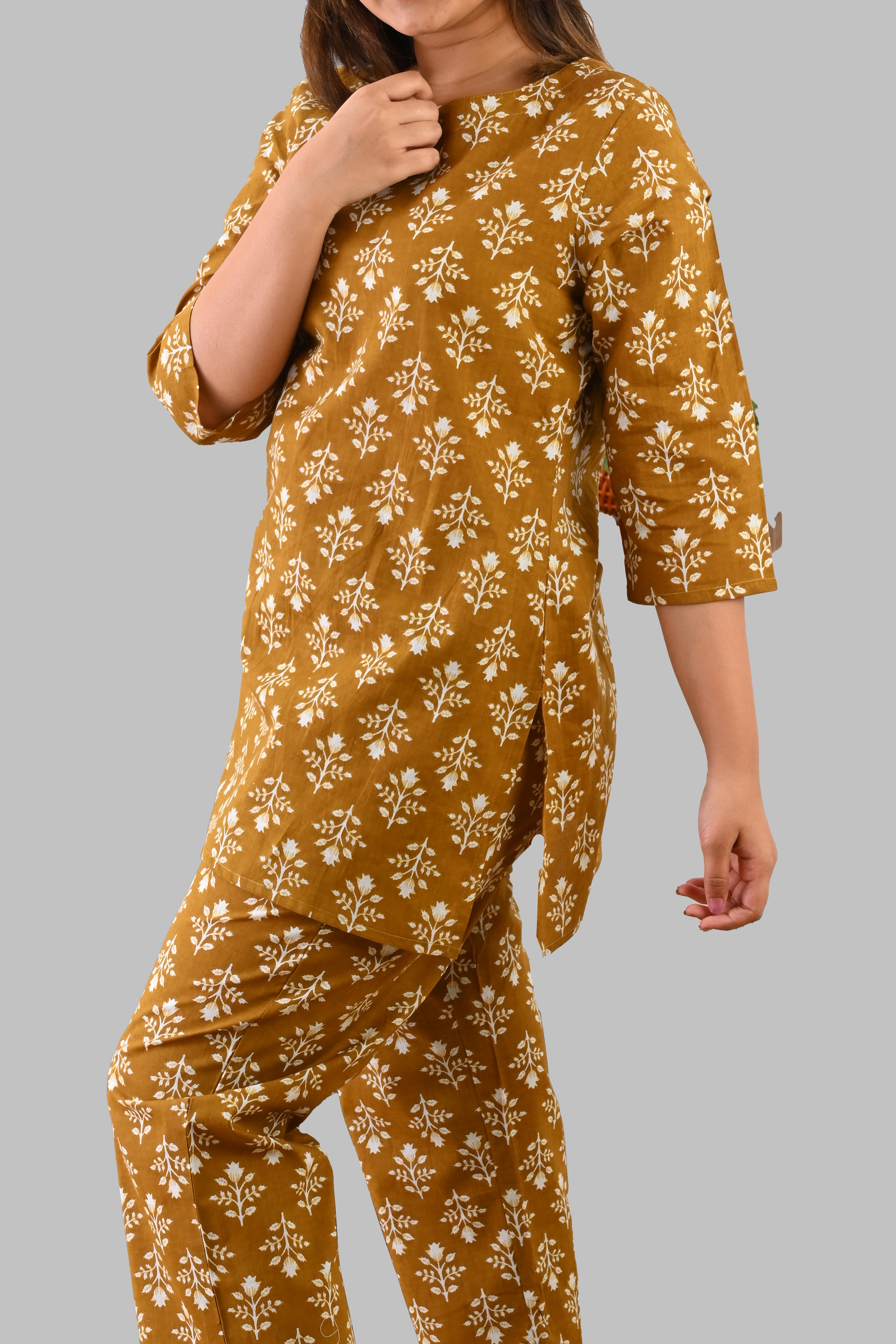 Mustard Cotton Printed Pyjama Set