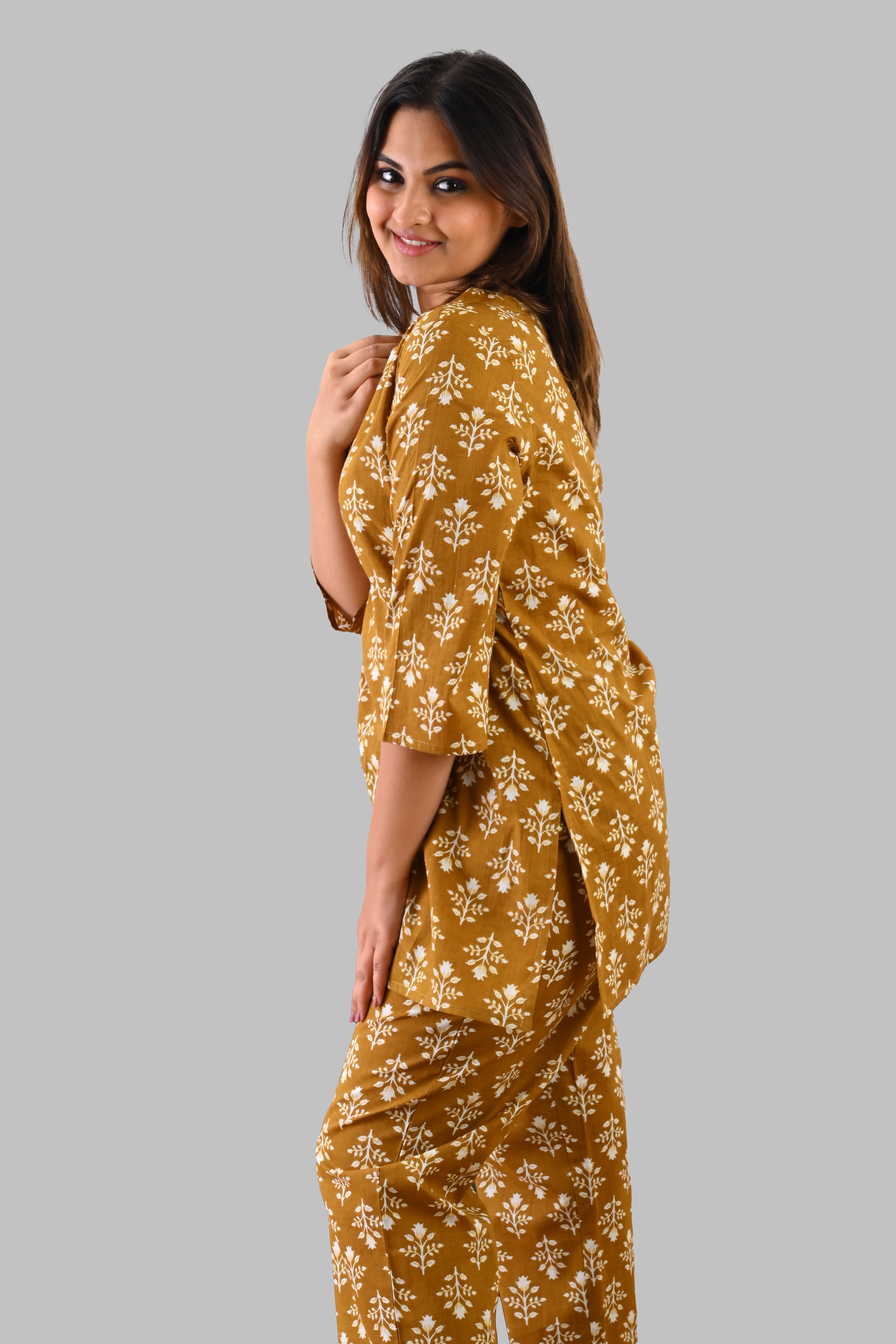 Mustard Cotton Printed Pyjama Set