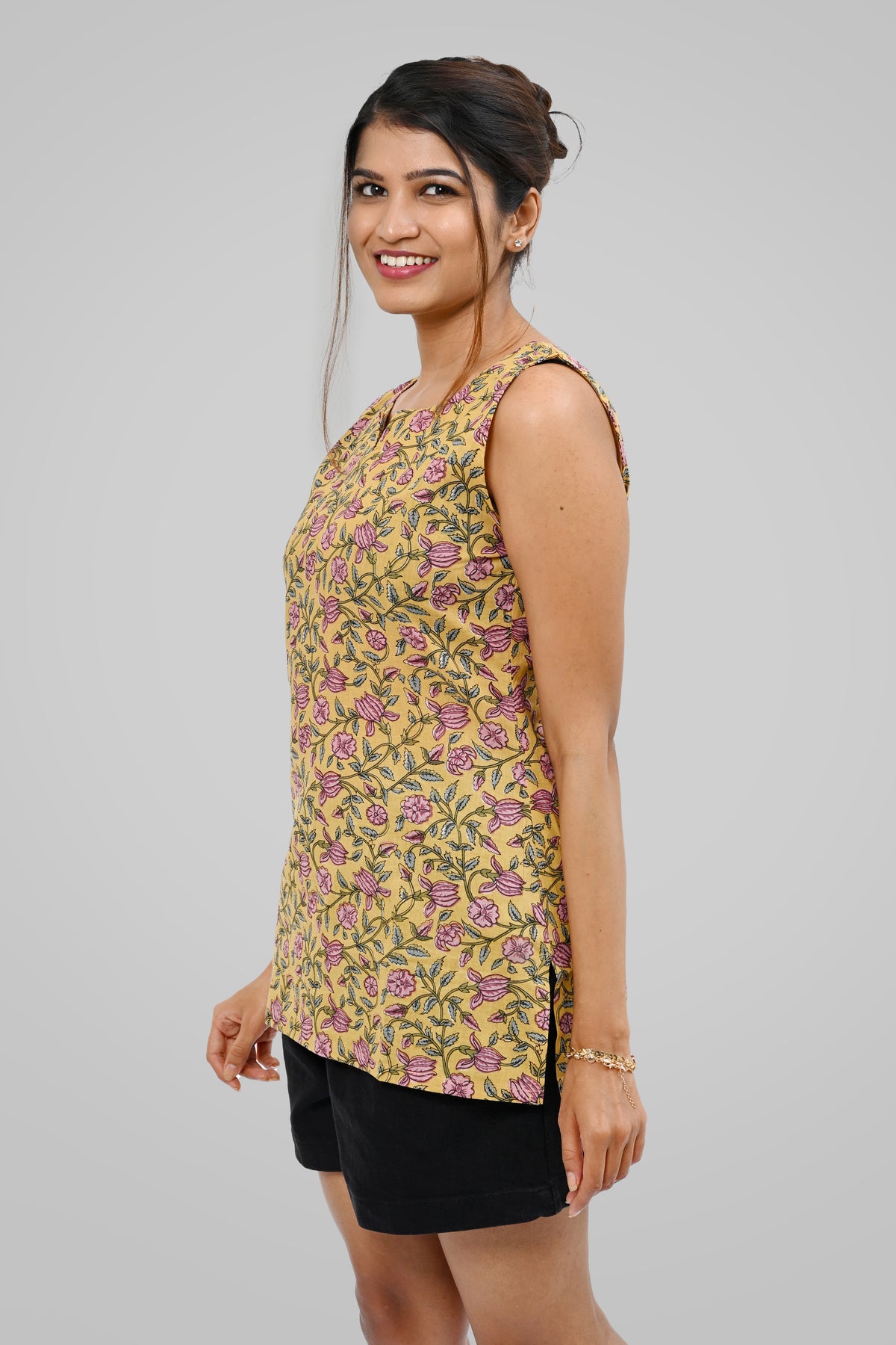 Mustard Floral Cotton Printed Sleeveless Kurti