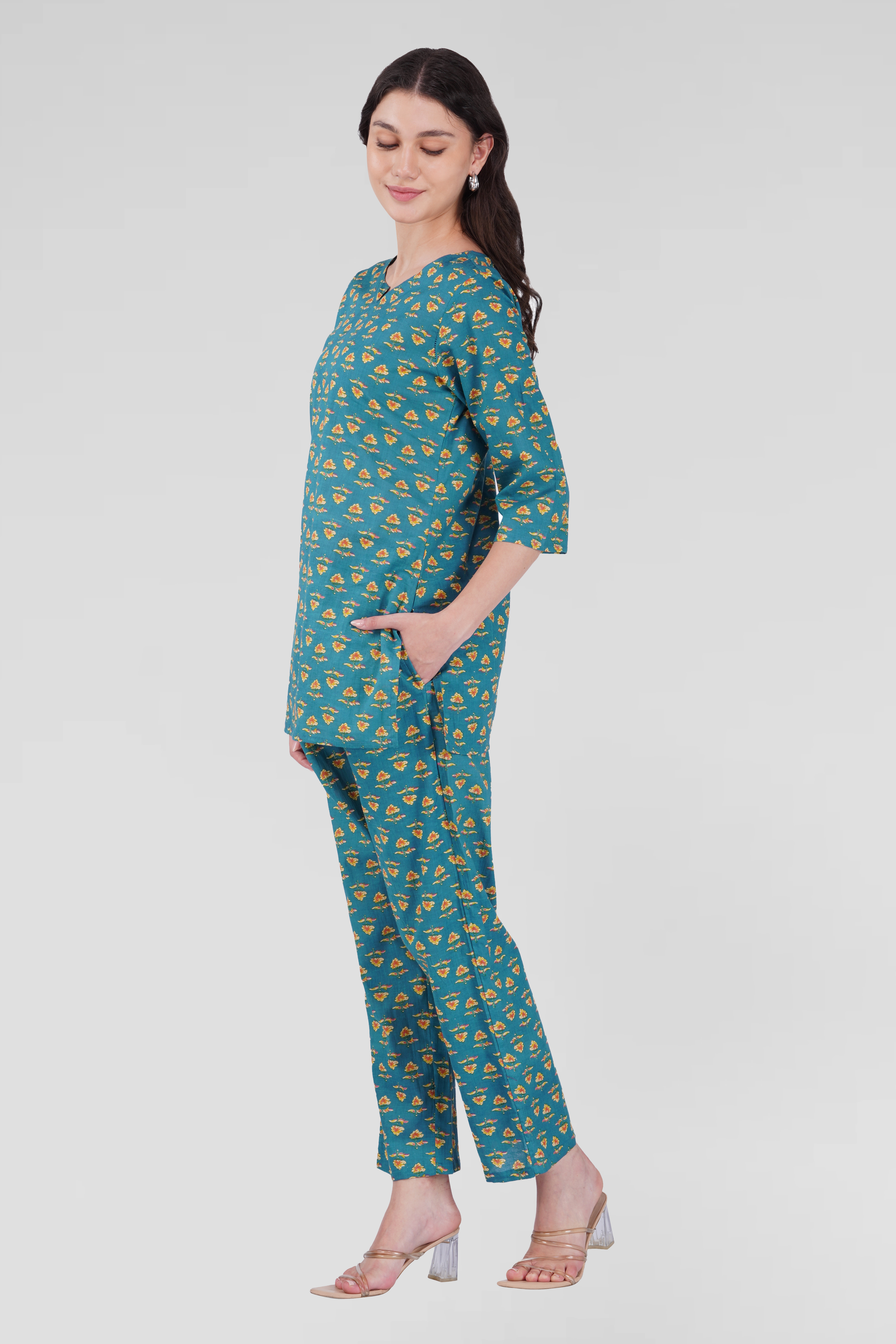 Muted Blue Cotton Printed Pyjama Set
