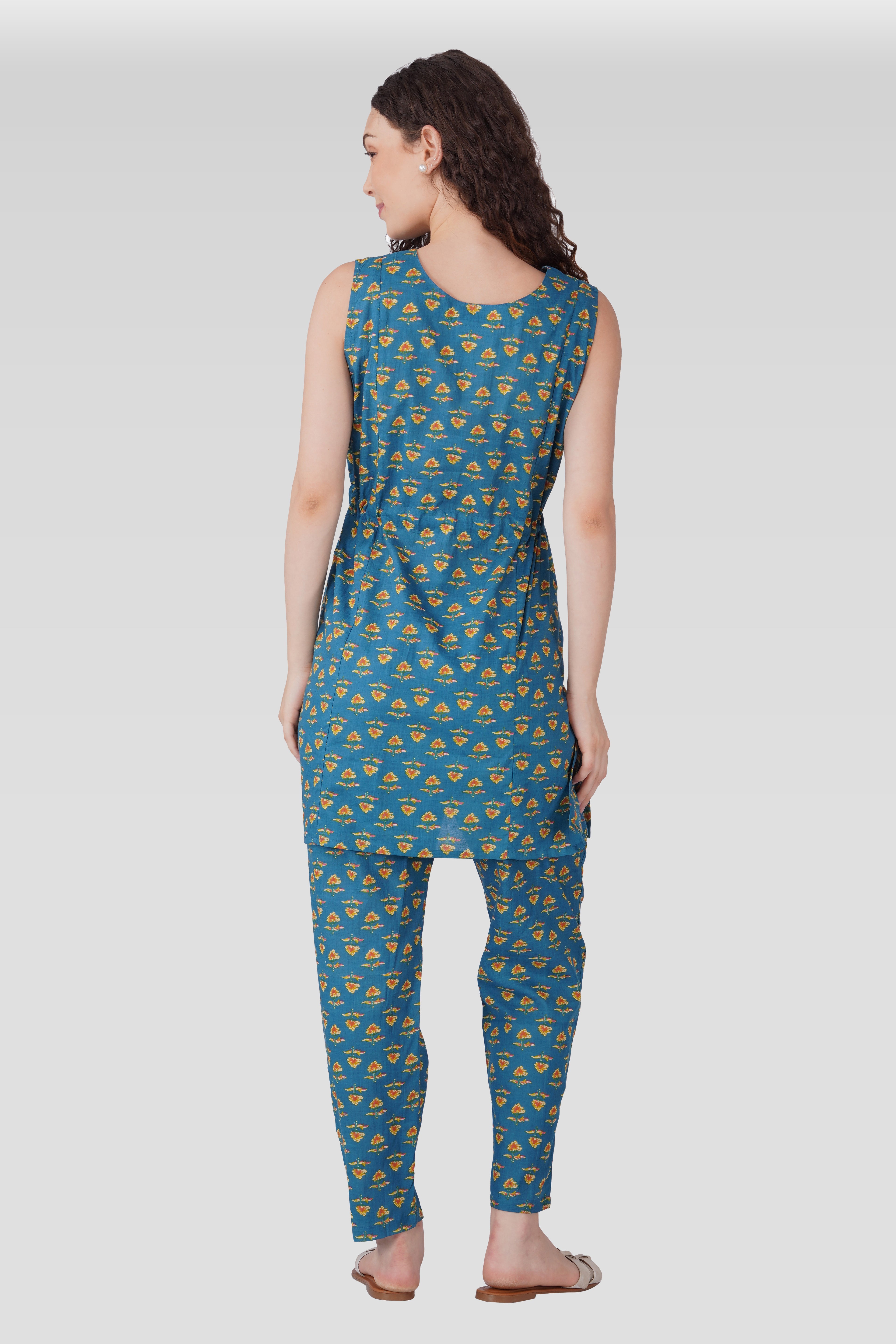 Muted Blue Cotton Printed Maternity and Feeding Kurta Set