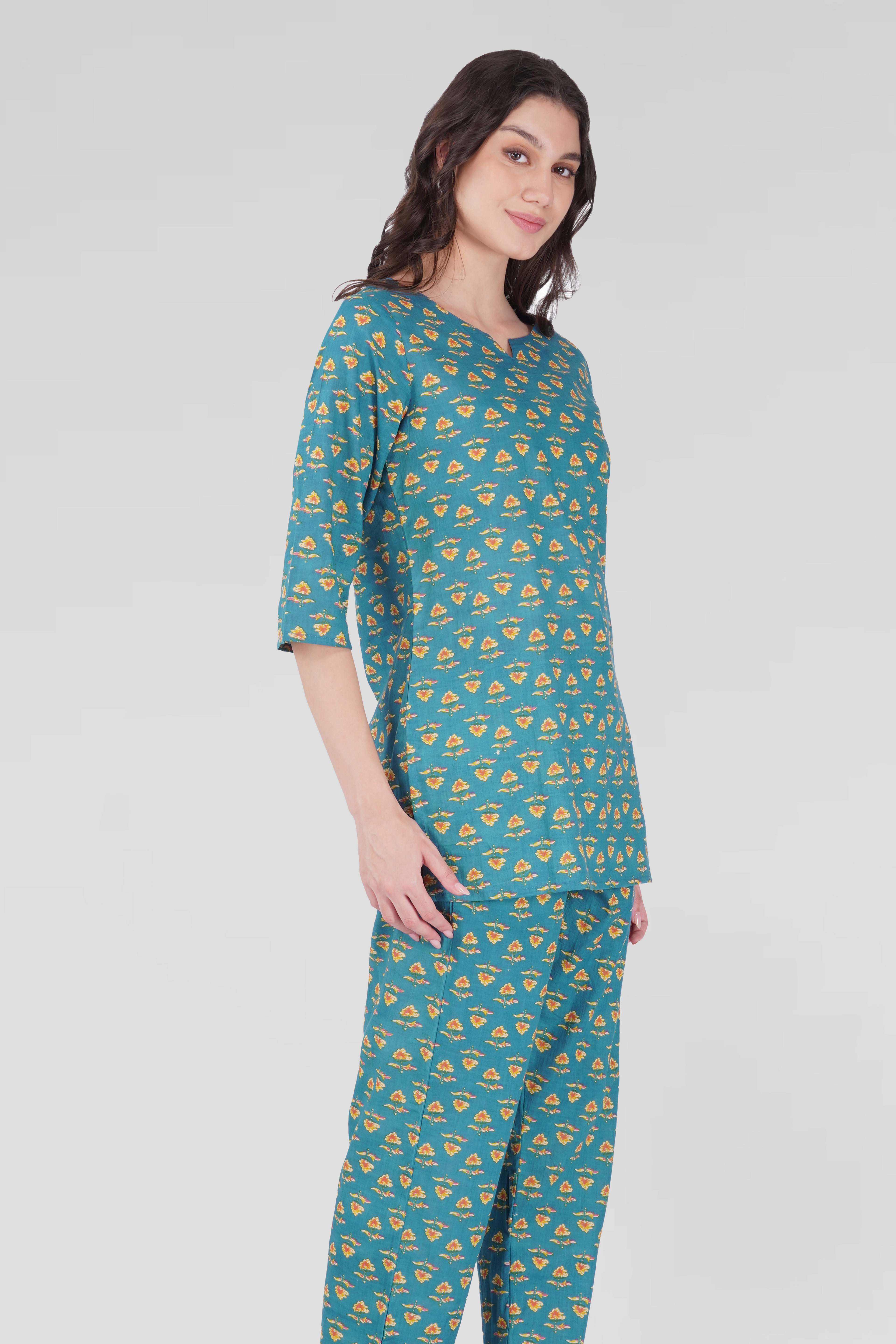 Muted Blue Cotton Printed Pyjama Set