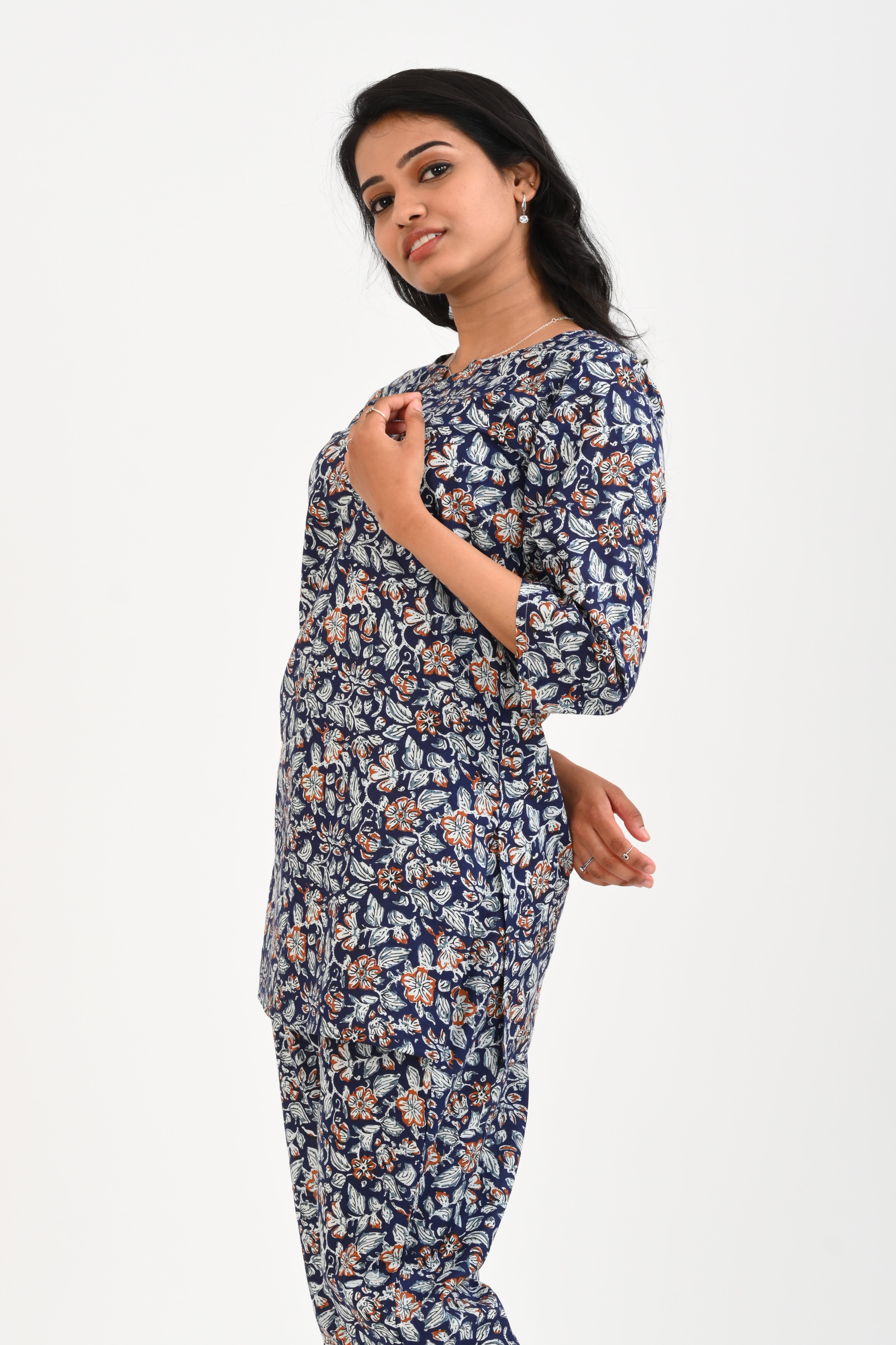 Dark Blue Cotton Printed Pyjama Set