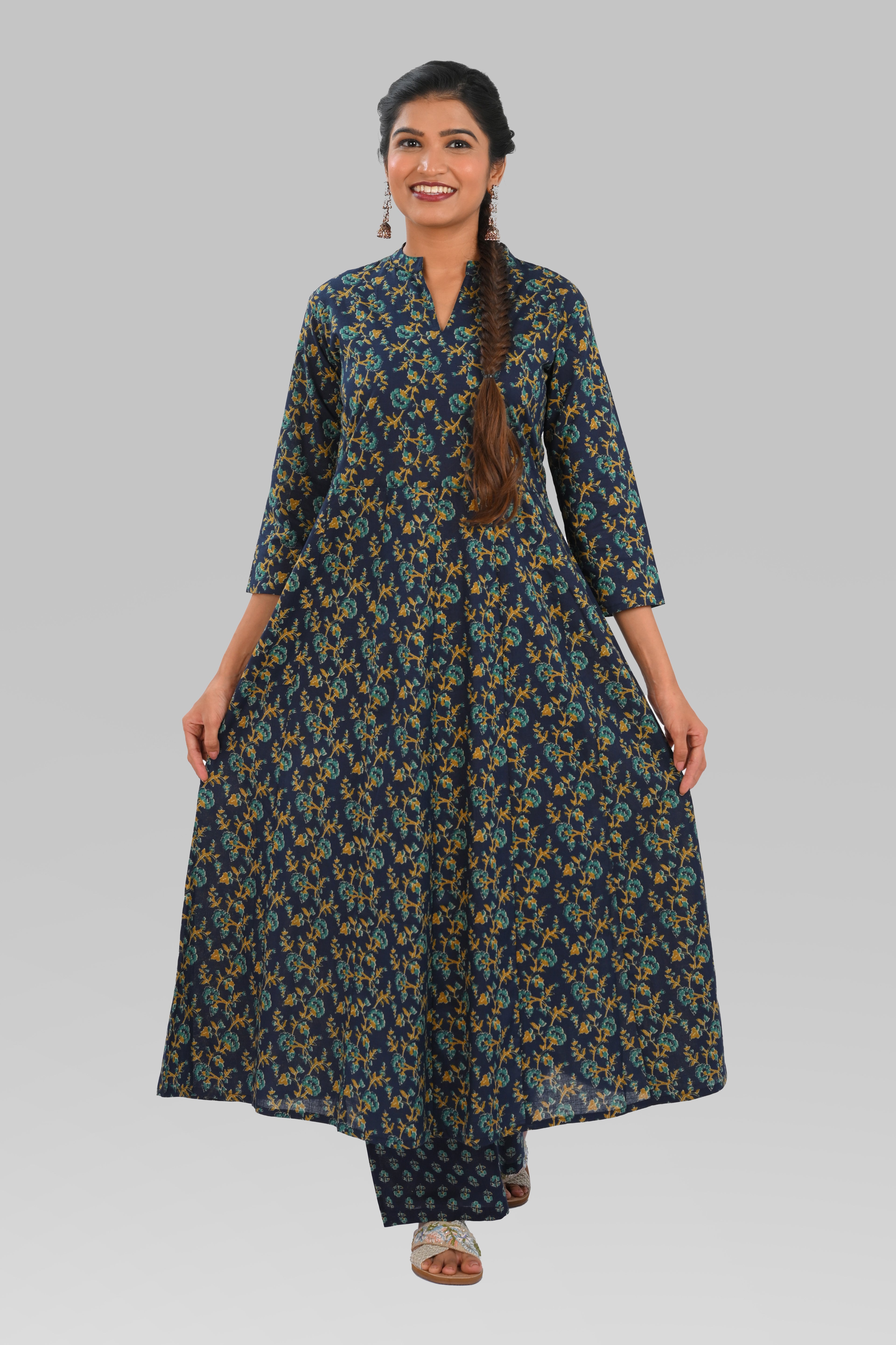 Navy Blue Cotton Printed Kurta Set