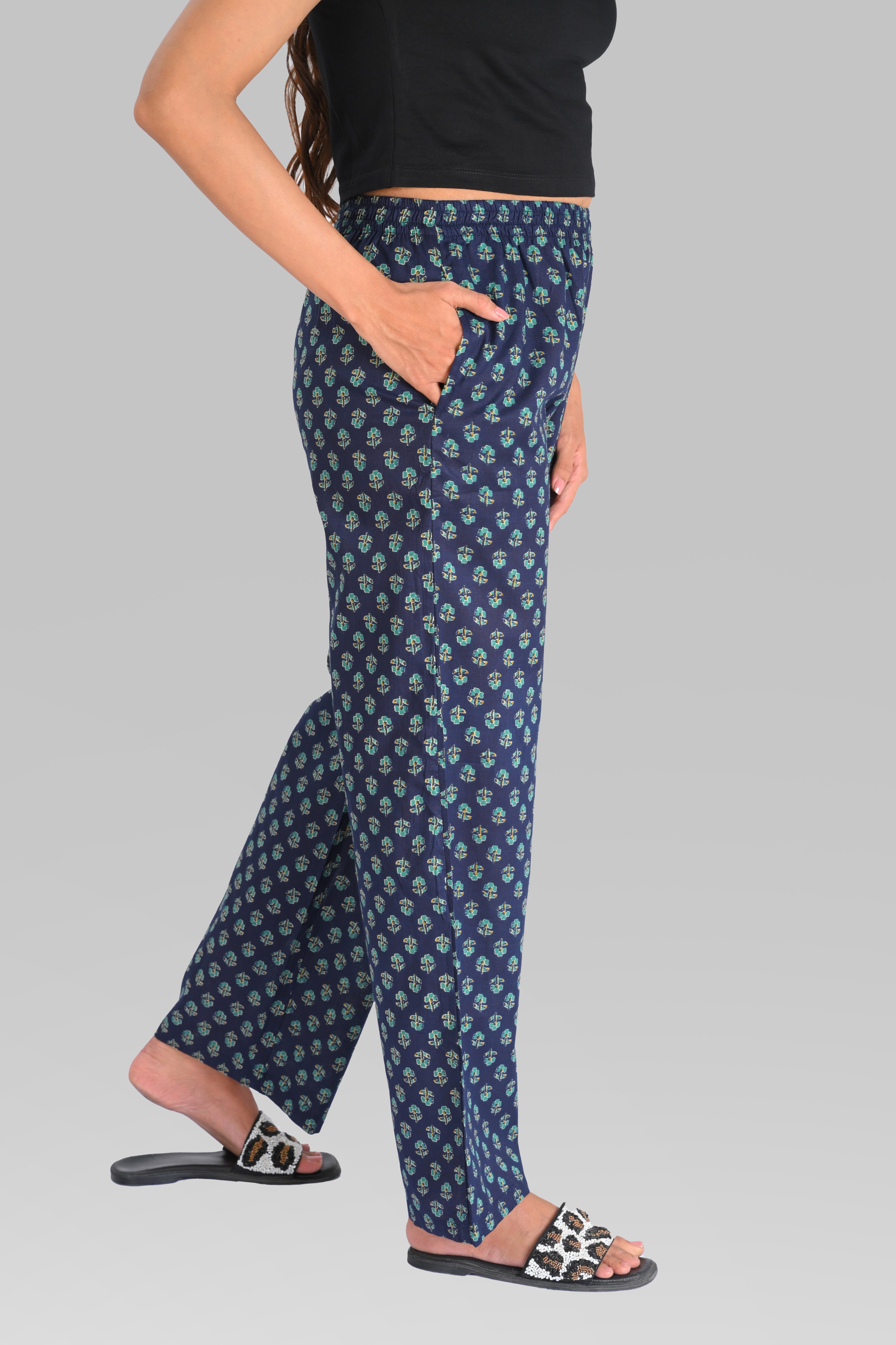 Navy Blue Cotton Printed Kurta Set