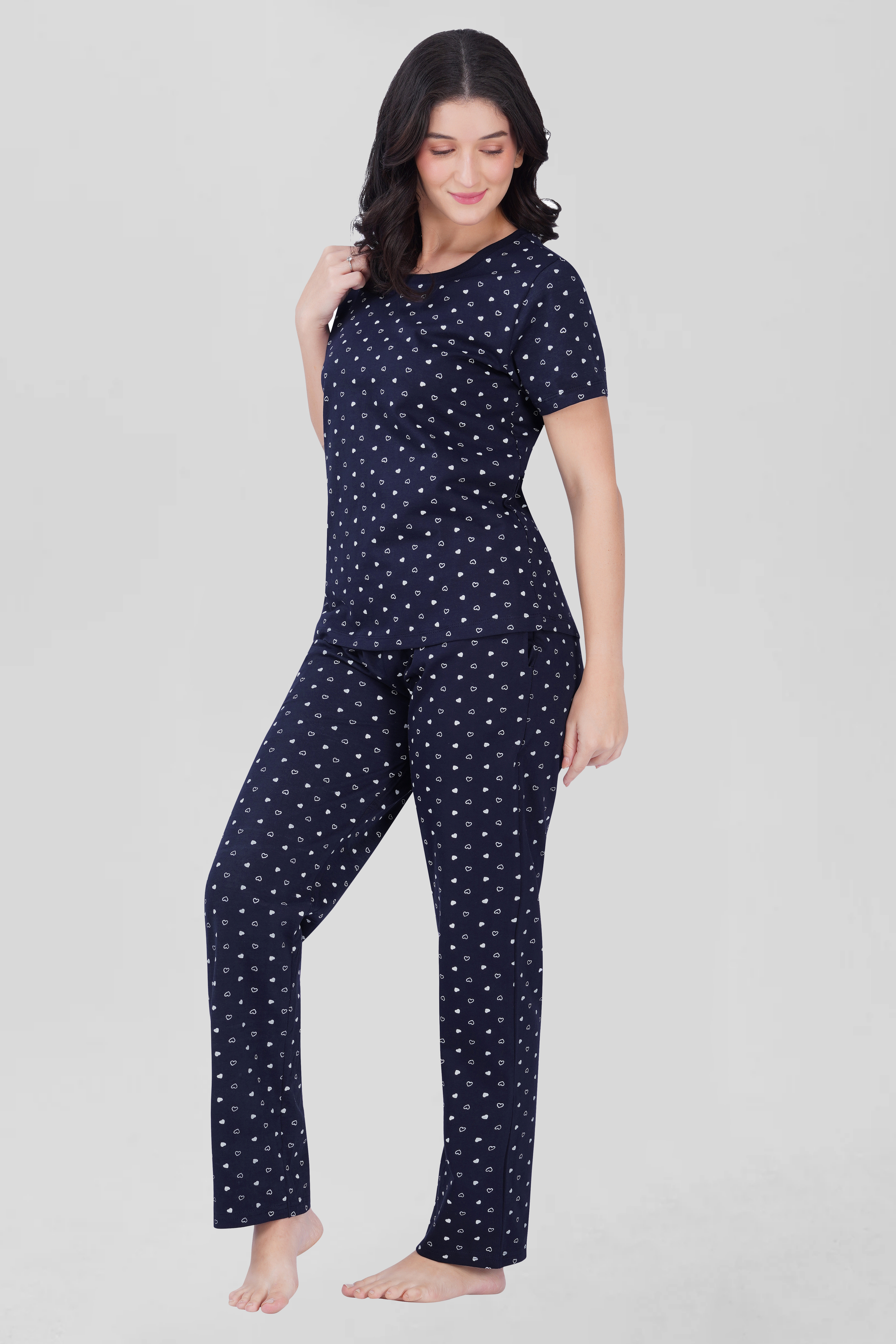 Navy Cotton Printed Pyjama Set
