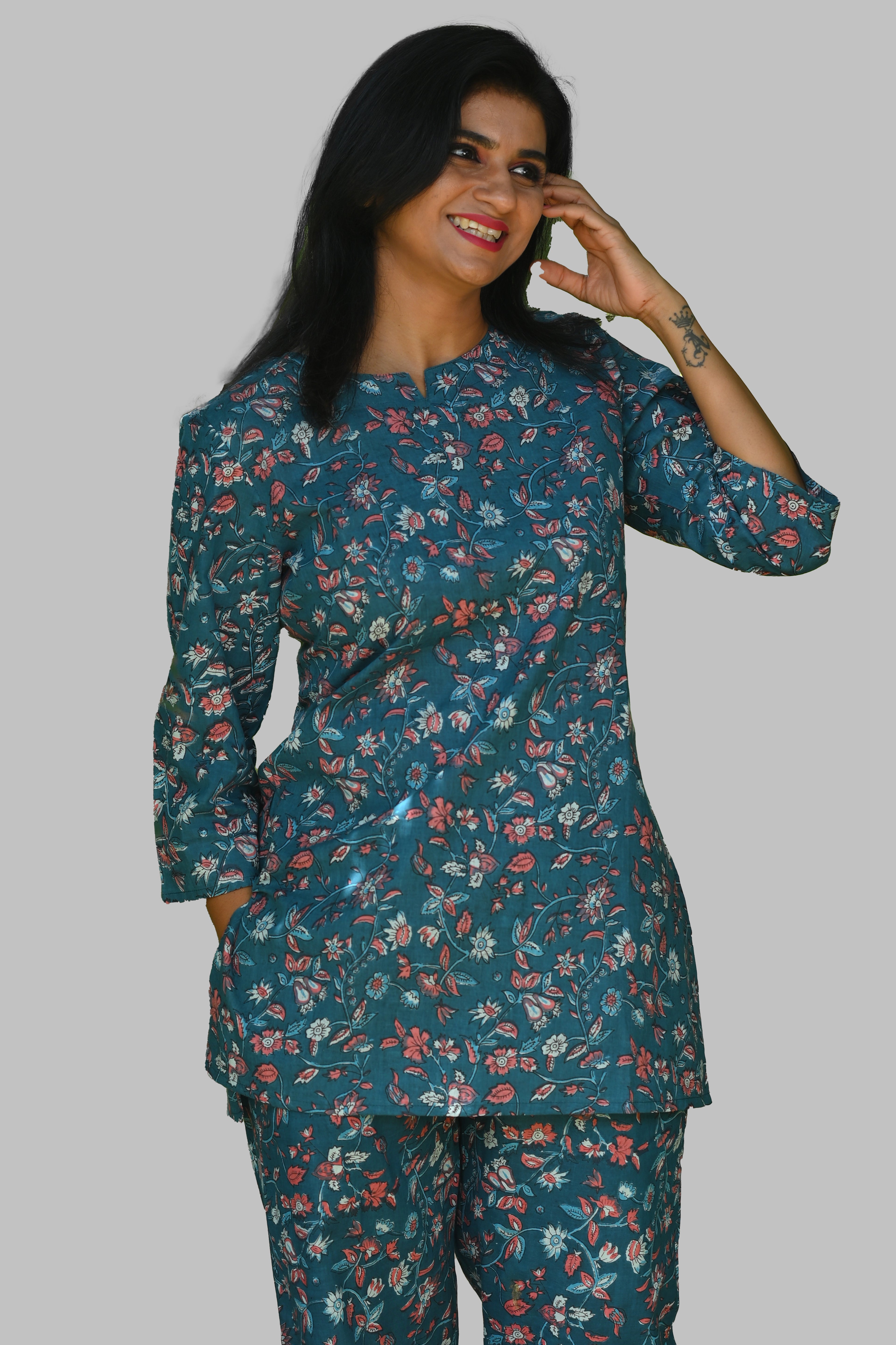 Navy Floral Cotton Printed Pyjama Set