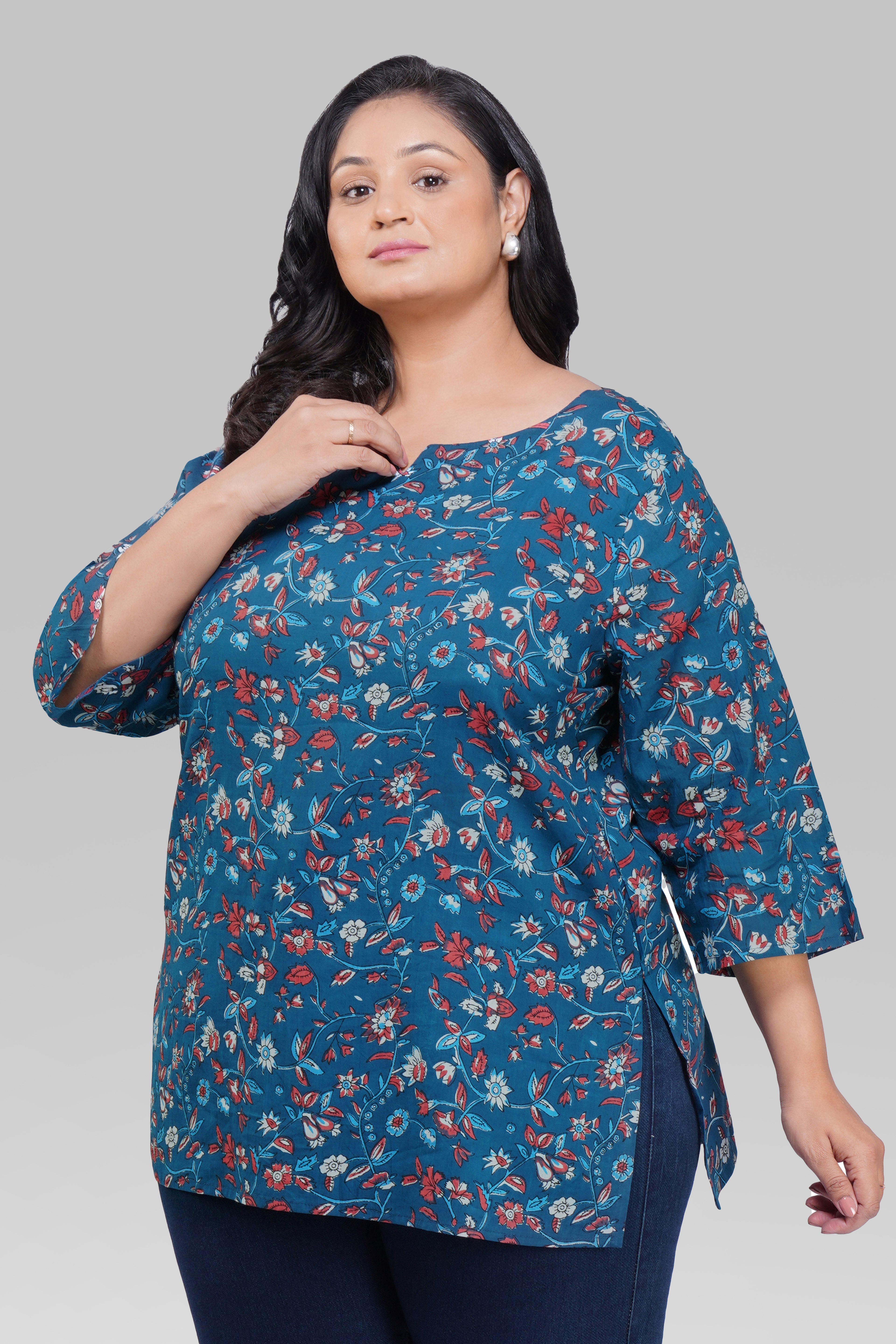 Navy Plus Size Cotton Printed Kurti