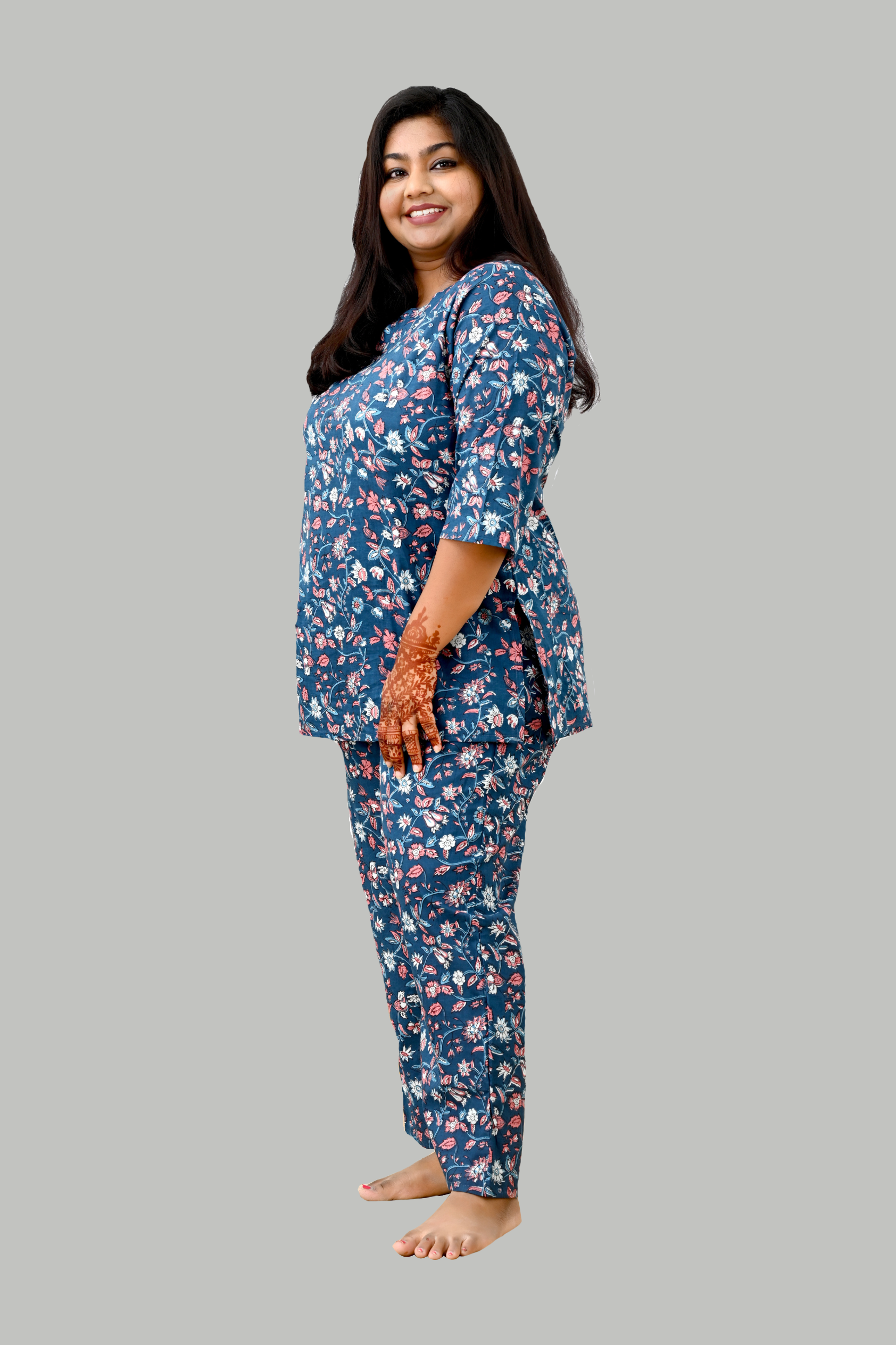 Navy Plus Size Cotton Printed Pyjama Set