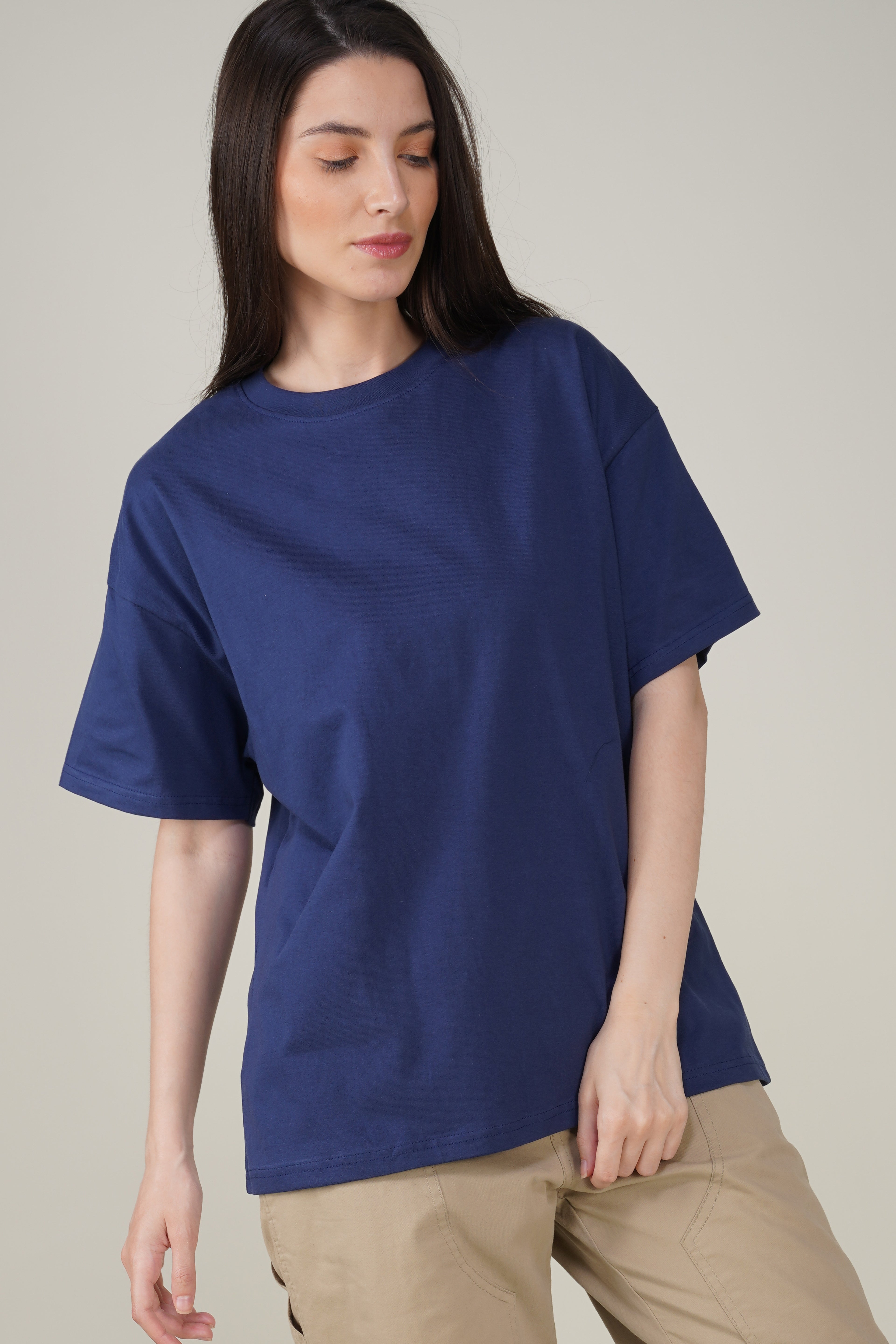 Navy Blue Cotton Oversized Crew Neck T-Shirt