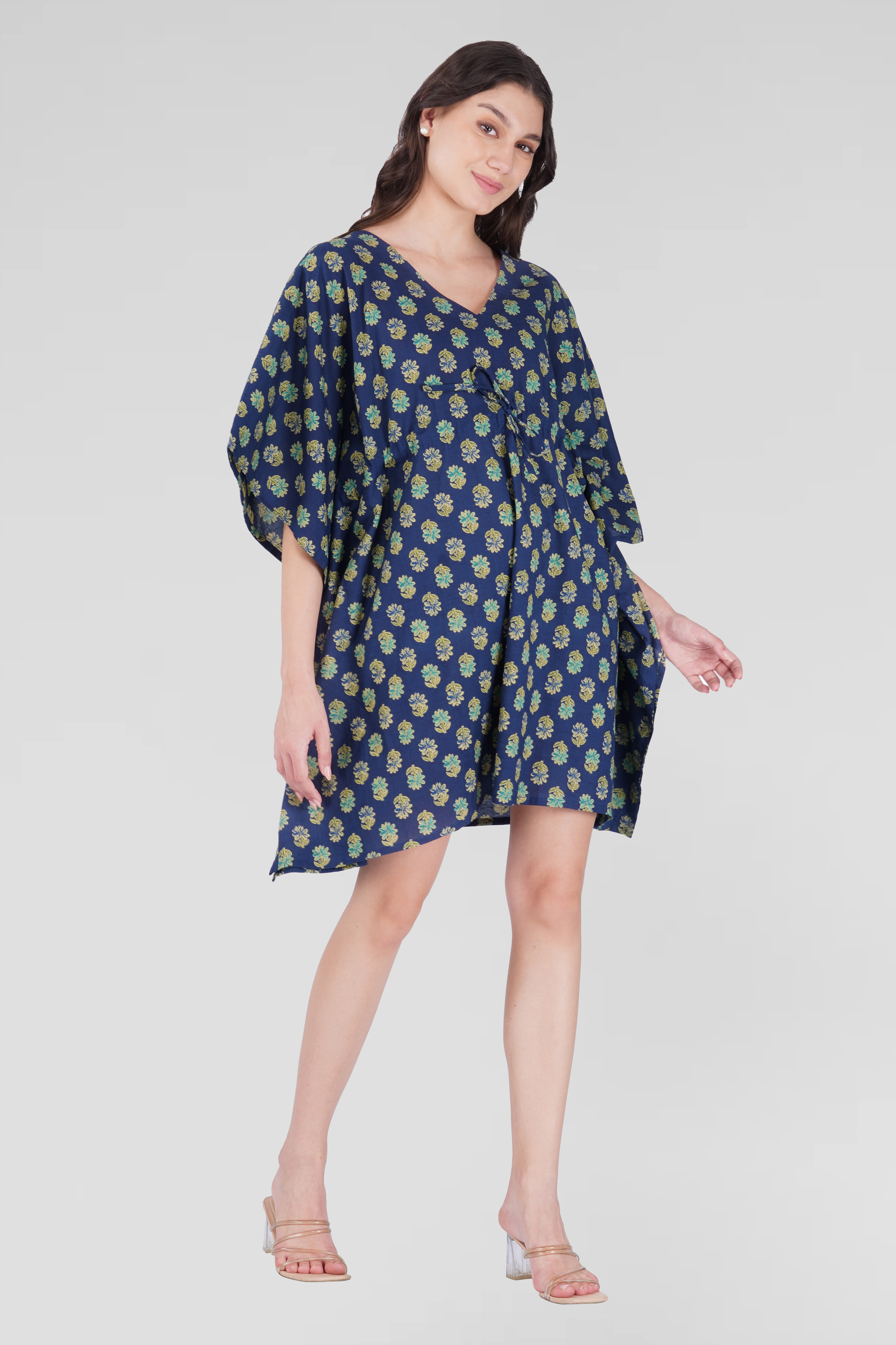 Navy Blue Cotton Printed Kaftan Top