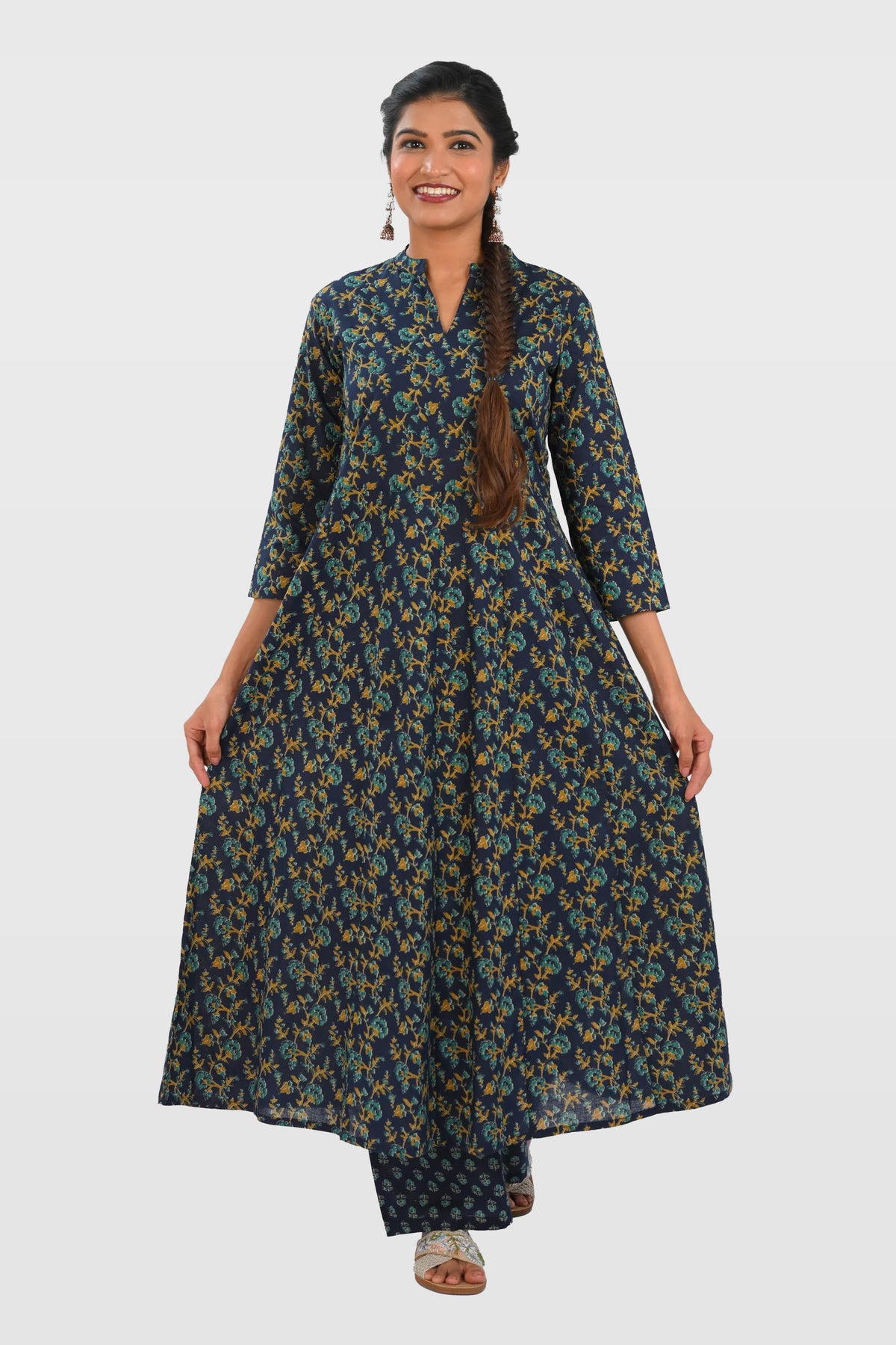 Navy Blue Cotton Printed Kurta Set